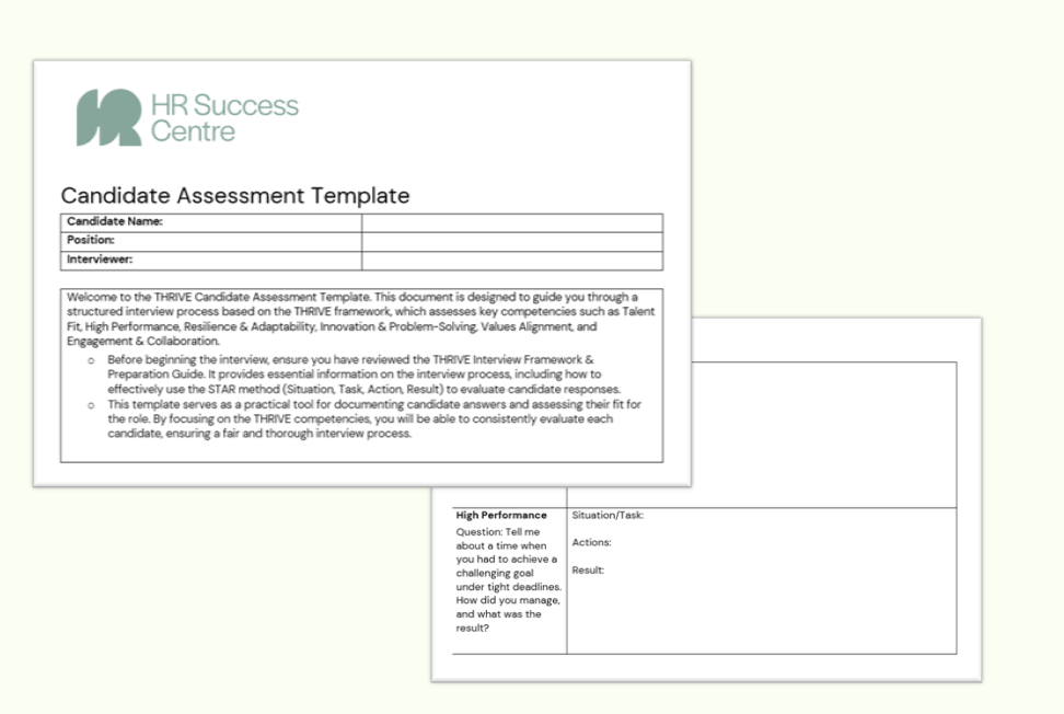 A Candidate Assessment Template from HR Success Centre, describing a structured interview process, including candidate information fields and guidance on assessing responses using the THRIVE framework.