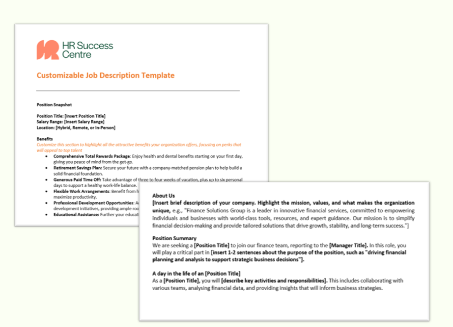 A screenshot of a customizable job description template from HR Success Centre with sections for job title, salary range, location, benefits, about us, position summary, and daily responsibilities