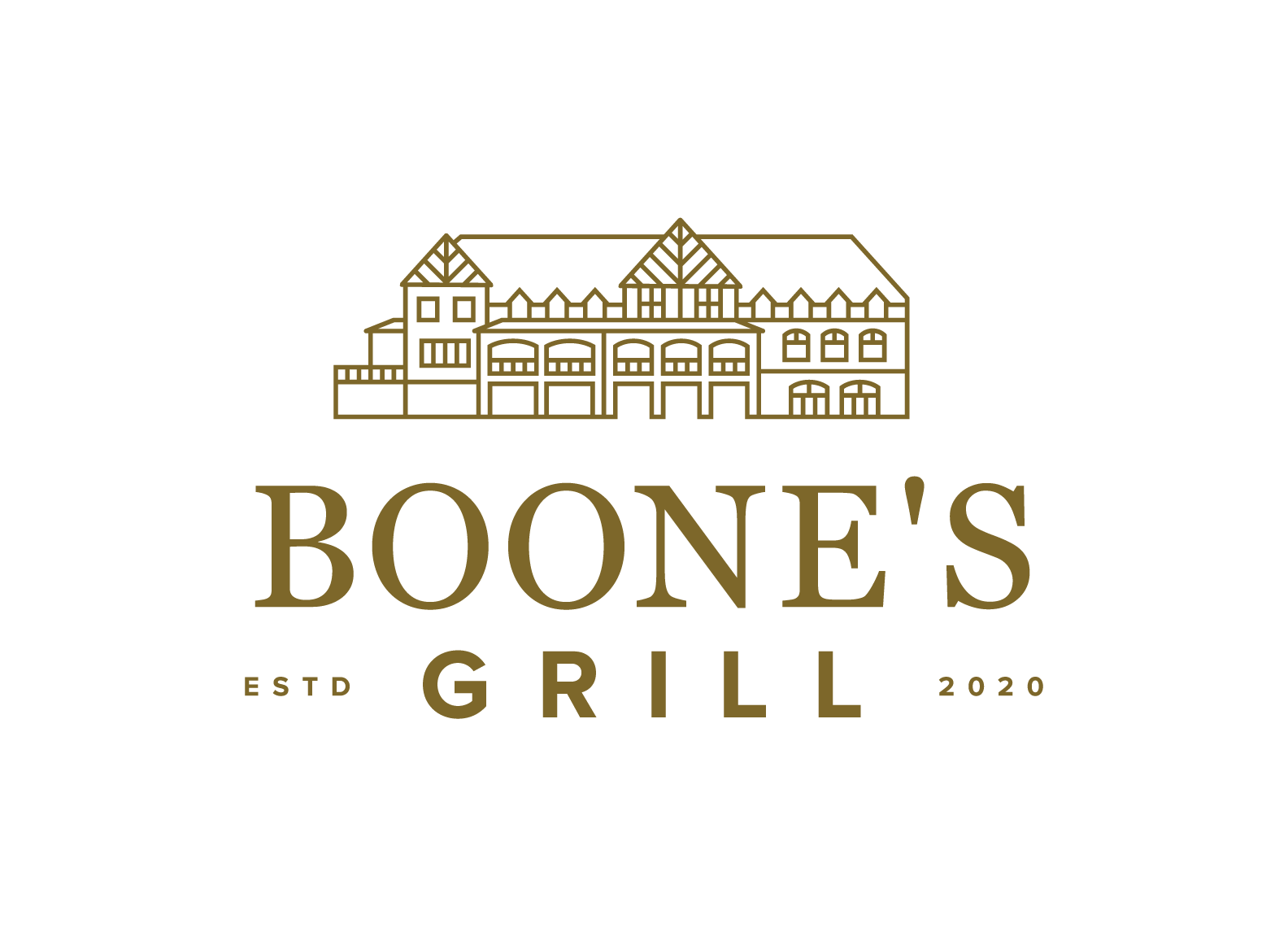 Gold and black logo for Boone's Grille featuring a detailed illustration of a historic building with multiple gabled roofs and the text "BOONE'S GRILL" below.