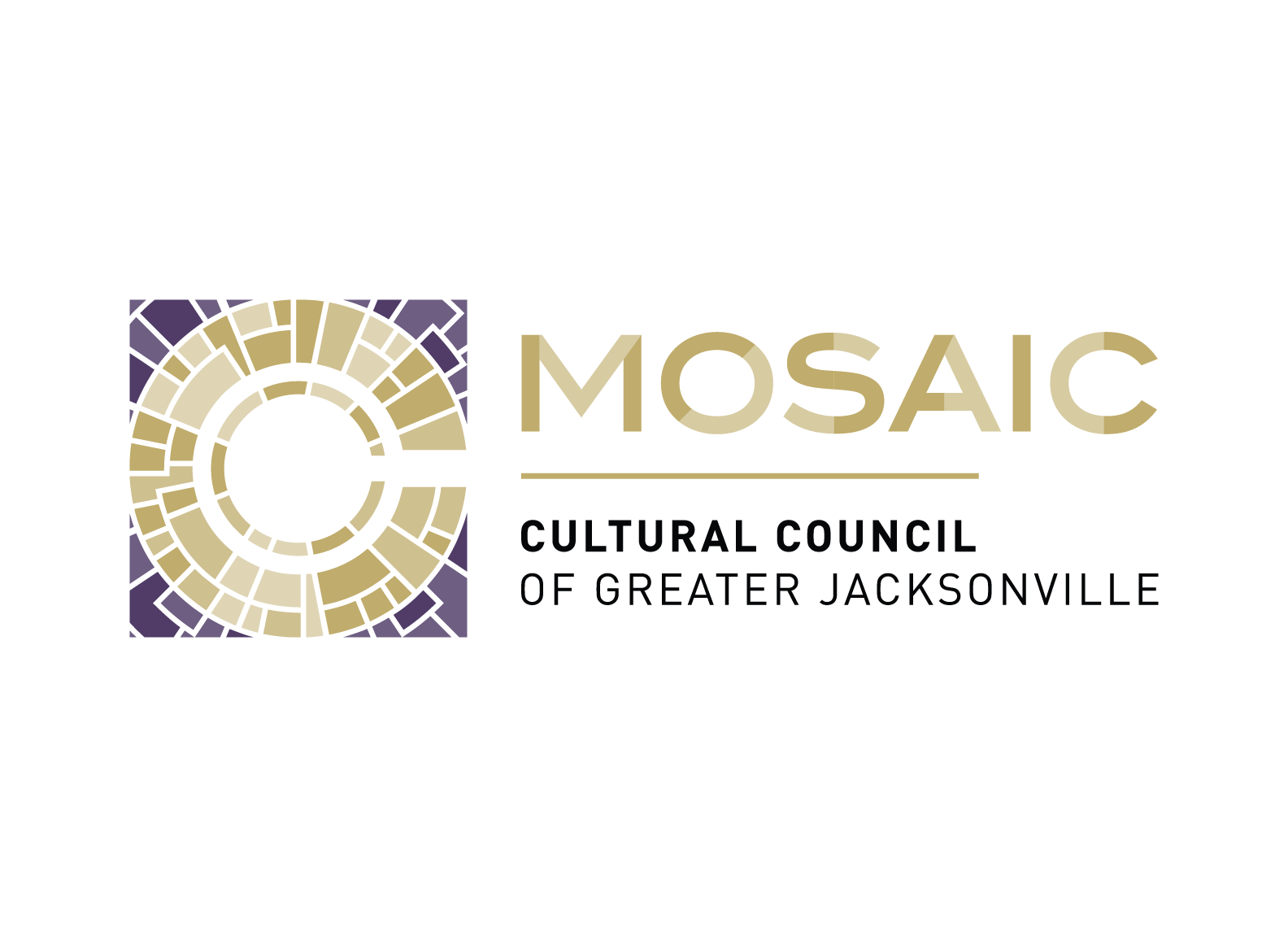 Logo of the Mosaic Cultural Council of Greater Jacksonville featuring a circular mosaic design with gold and purple tiles, and the words 'MOSAIC' and 'CULTURAL COUNCIL OF GREATER JACKSONVILLE' beside it.