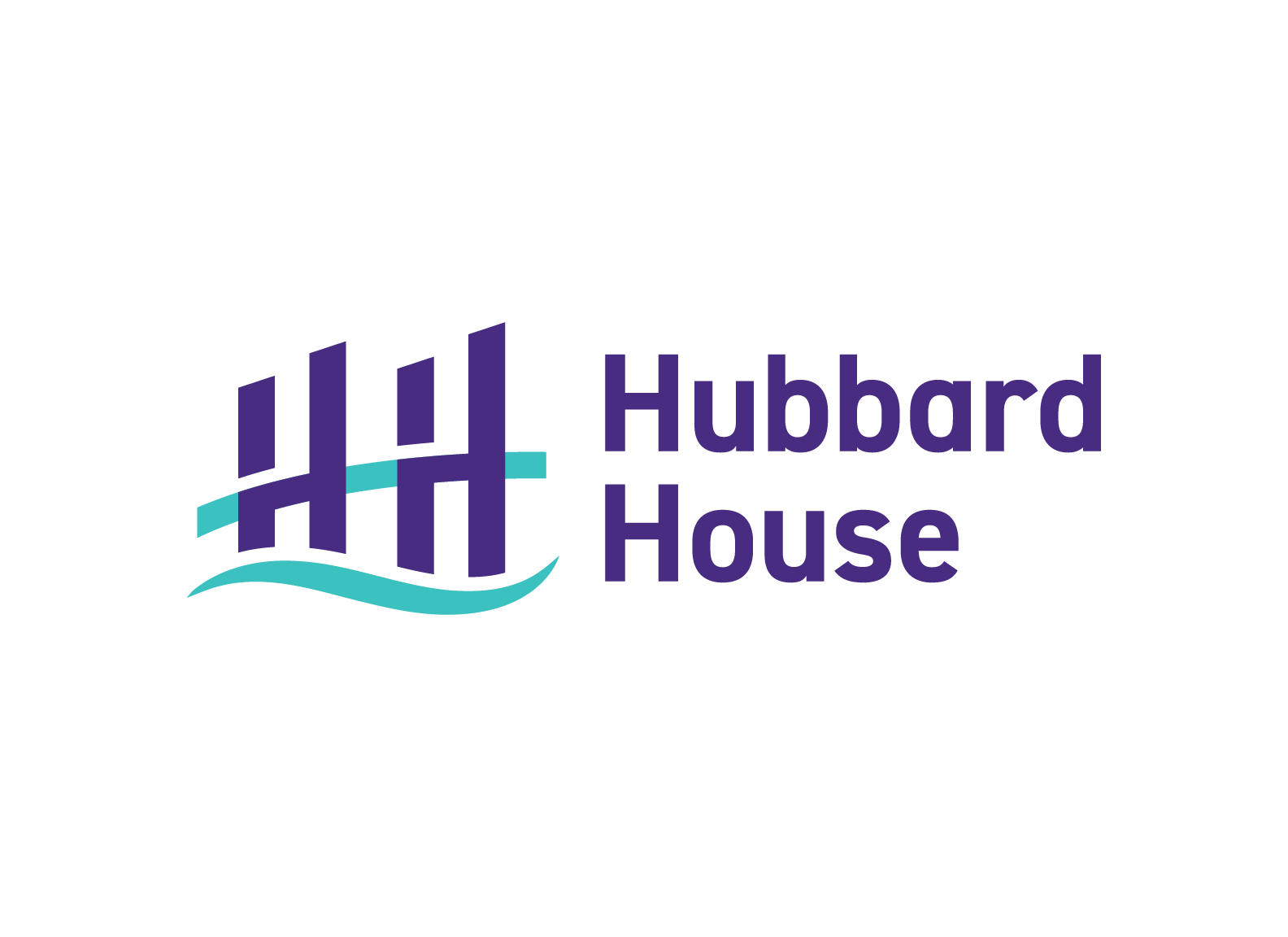 logo for Hubbard House featuring purple stylized buildings, teal wave, and the name 'Hubbard House' in purple text.