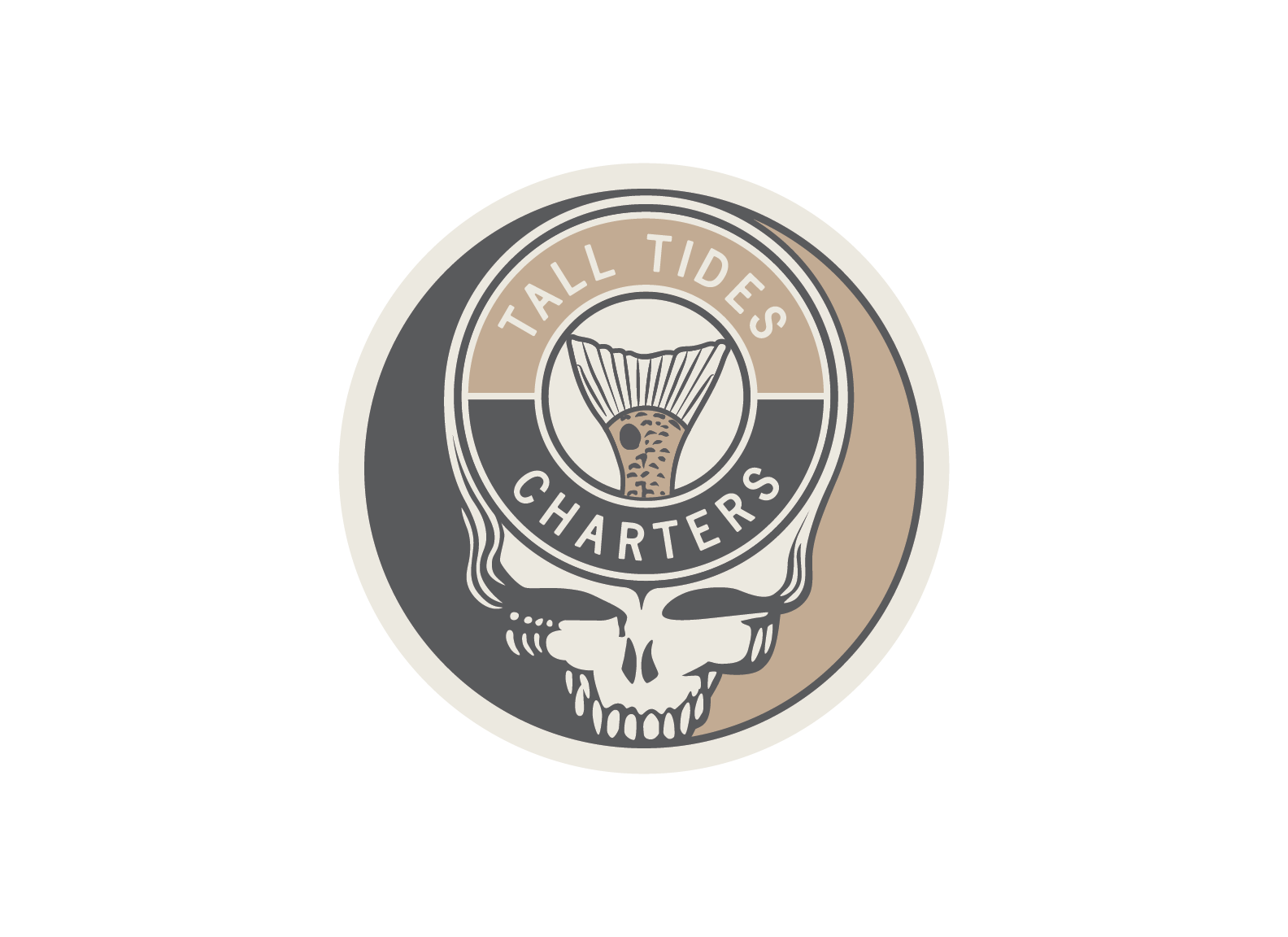 A circular emblem with a skull at the bottom and a logo of a tail inside a circle at the top. Created for Tall Tides Charters.