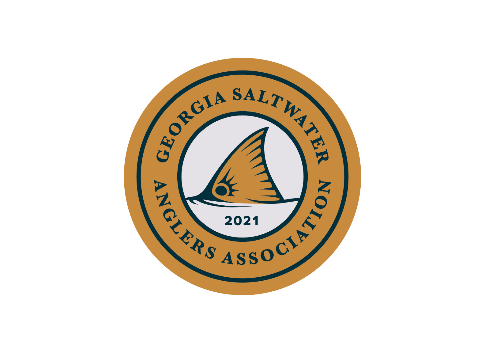 Seal of the Georgia Saltwater Anglers Association featuring a fish fin and the text 'Georgia Saltwater Anglers Association 2021' in gold and navy blue.