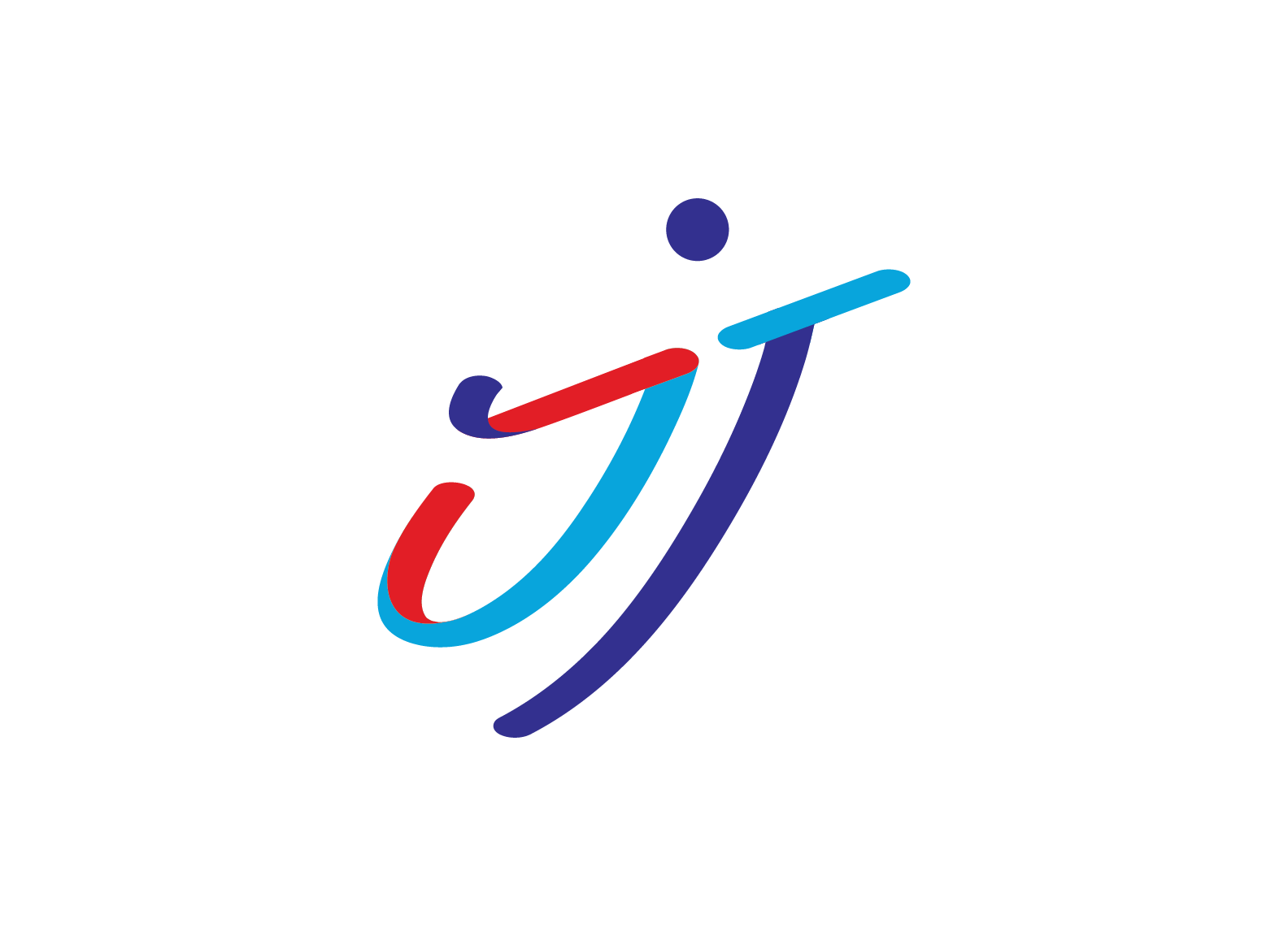 Stylized logo with the letters 'j' and 't' connected by a curved line, in red, light blue, and dark blue colors. Created for Olympic volleyball payer, Jordan Thompson.