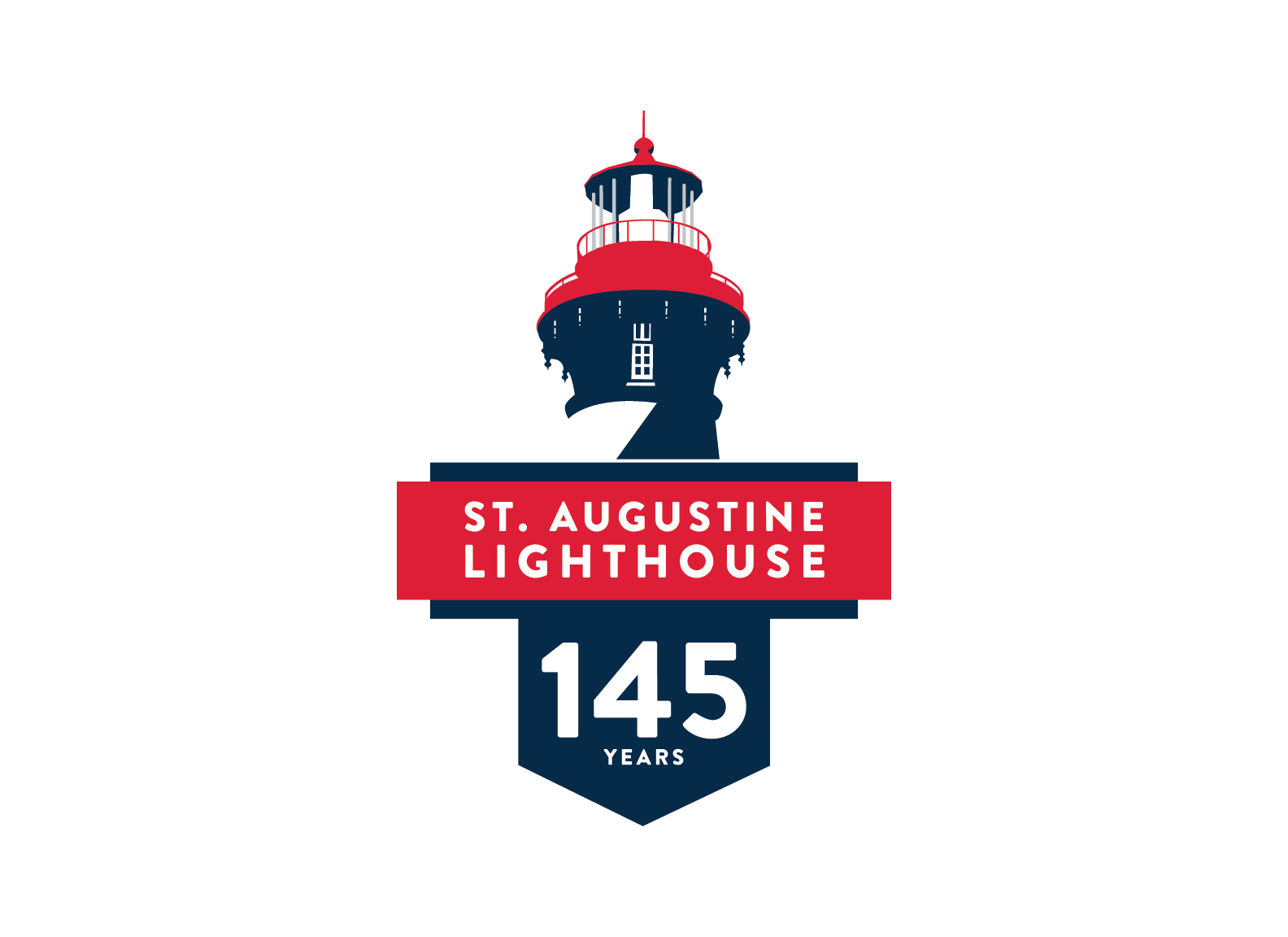 Logo celebrating 145 years of the St. Augustine Lighthouse, featuring an illustration of the lighthouse tower with a red top, a white light, and a dark blue body, with a red banner reading 'St. Augustine Lighthouse' and a dark blue shield with the nu