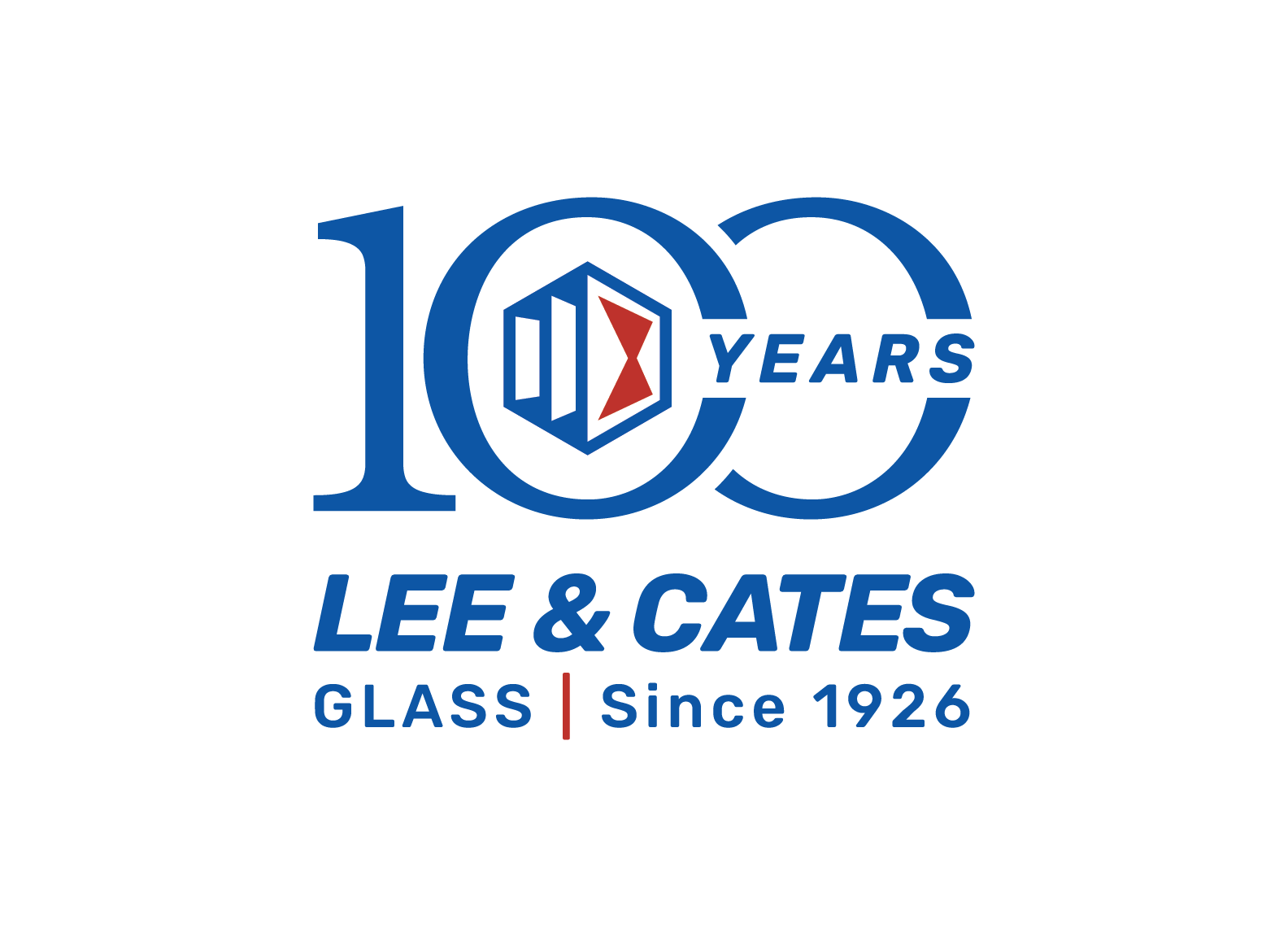Celebrating 100 years of Lee & Cates Glass, established in 1926, with a logo that features a blue number 100, a glass icon, and the text 'LEE & CATES GLASS Since 1926'.
