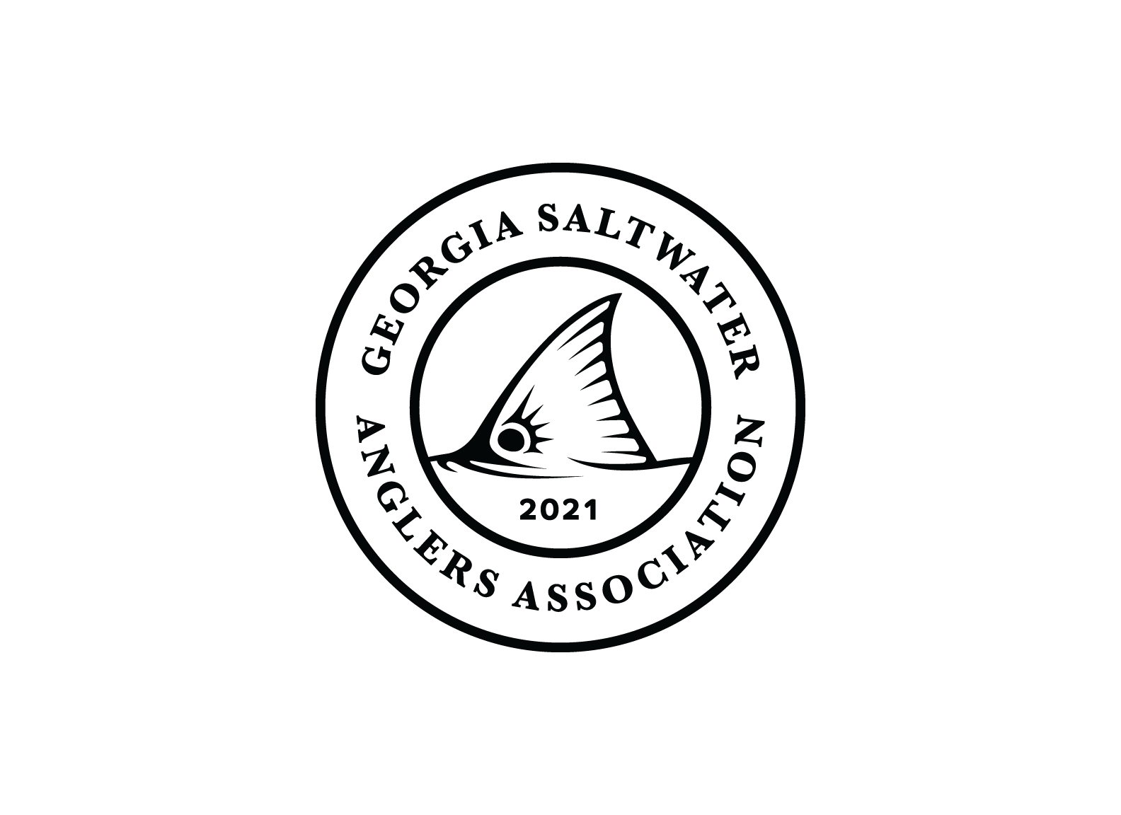 Dark circular logo with a sailboat illustration in the center, surrounded by the text 'Georgia Saltwater Anglers Association 2021'.