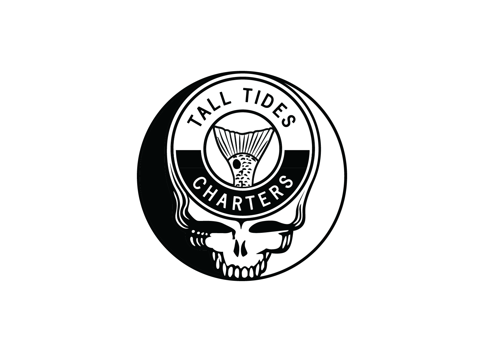 A logo featuring a skull with a circular badge around it. Created for Tall Tides Charters, a fishing guide service in Savannah, Georgia.
