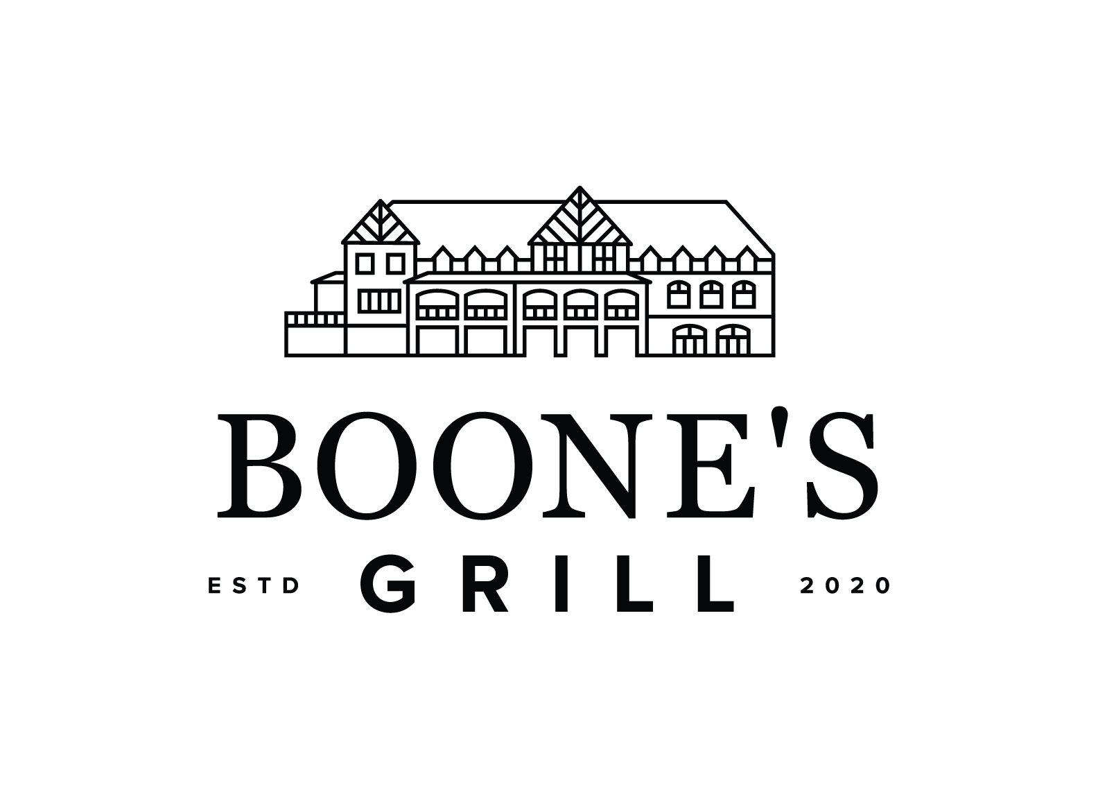 Logo for Boone's Grill featuring a line drawing of golf course venue building.