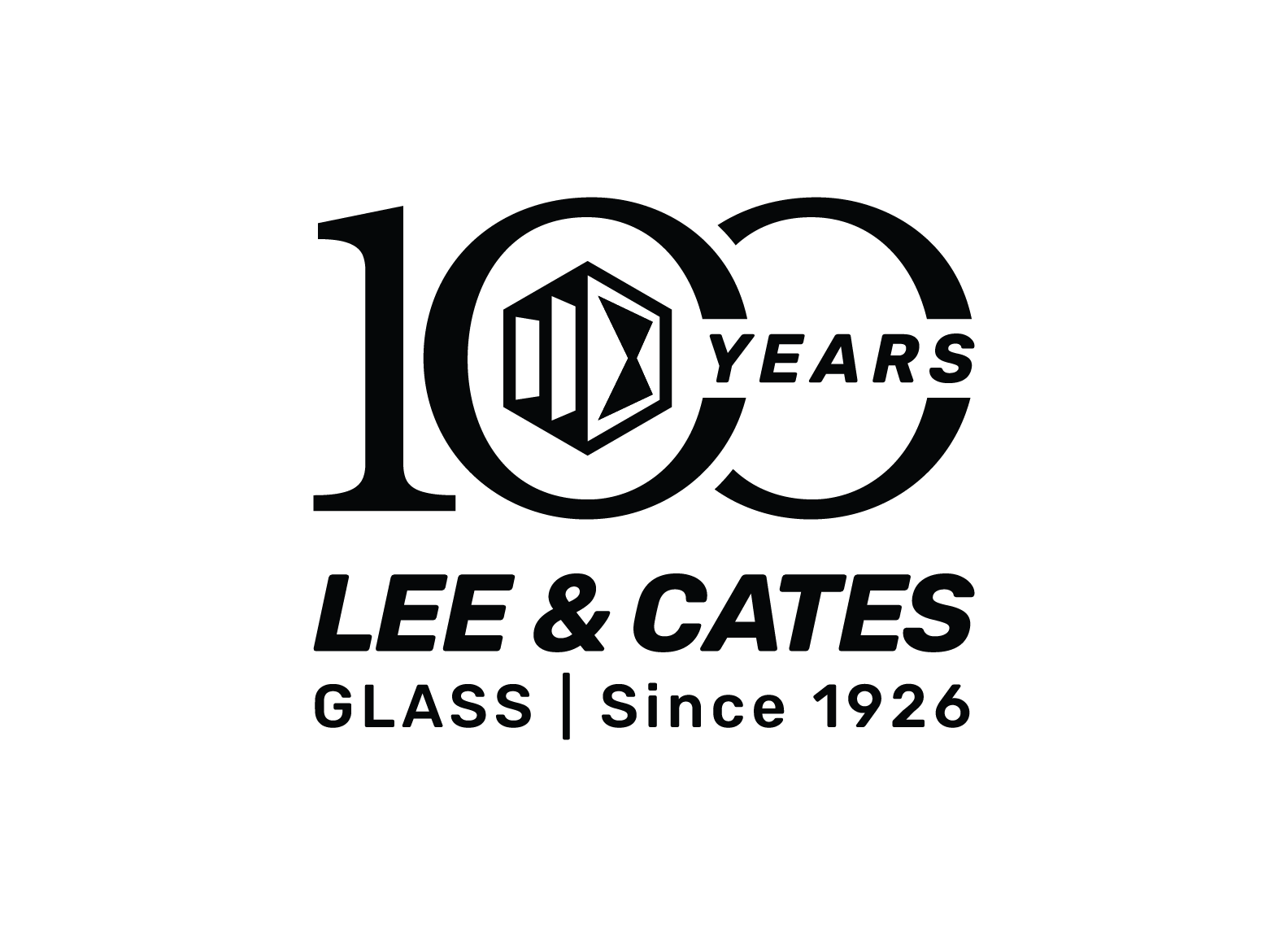 A black and white logo commemorating 100 years of Lee & Cates Glass, established since 1926.