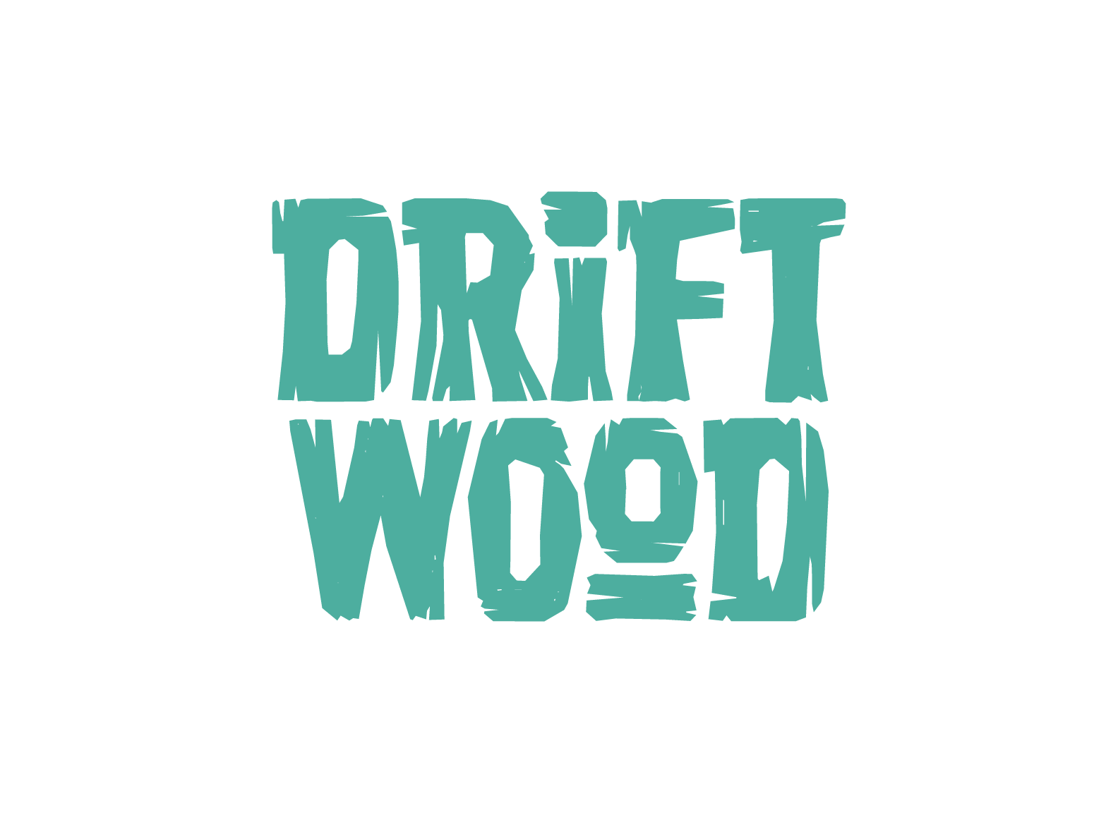Text that reads "Driftwood" in a stylized, bold, turquoise font with a textured appearance.