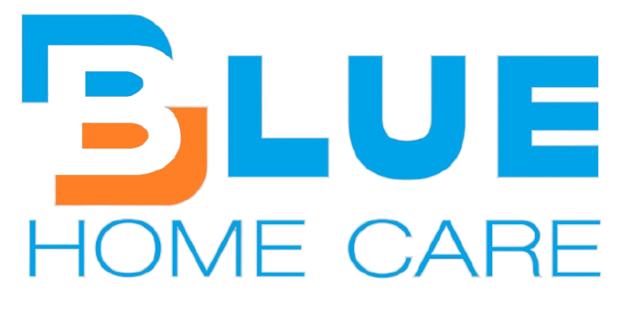 Logo with the text "Blue Home Care" in stylized blue and orange font.