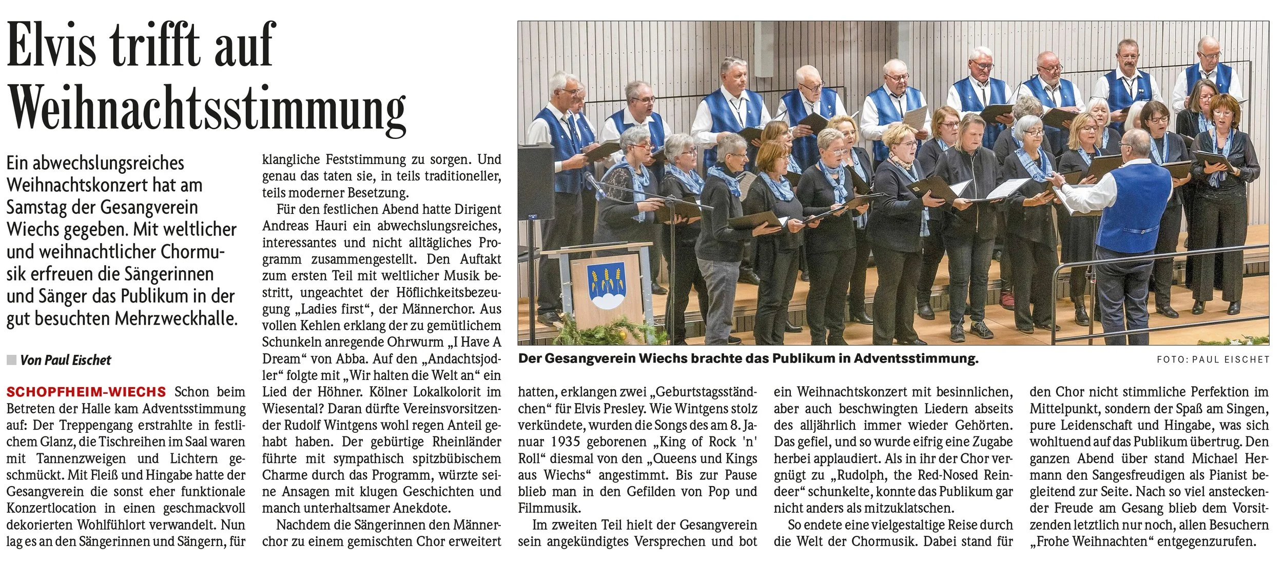 Artikel der Badischen Zeitung 15.12.2025 - Elvis trifft auf Weihnachtsstimmung - GSV Wiechs hat zum Weihnachtskonzert eingeladen
