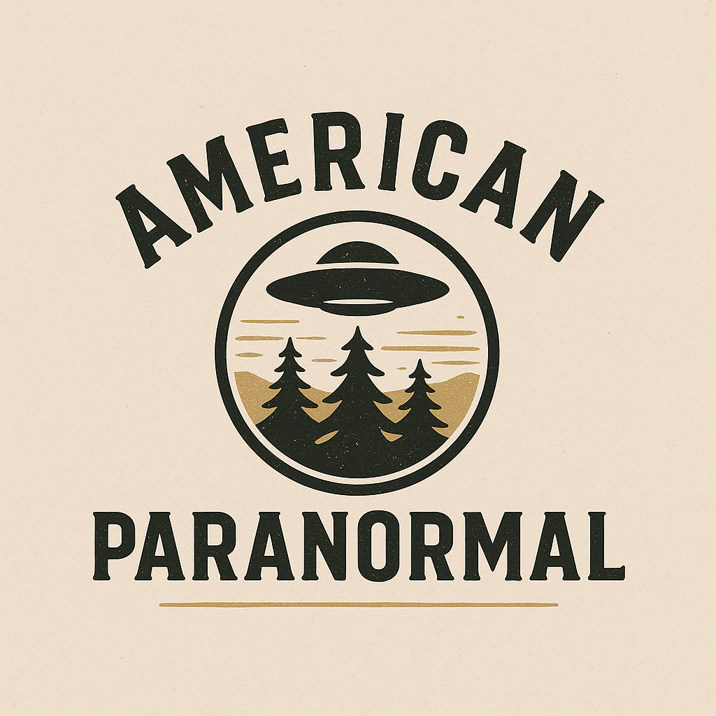 Graphic design with the words 'American Paranormal' and an illustration of a UFO hovering above pine trees with a sunset background.