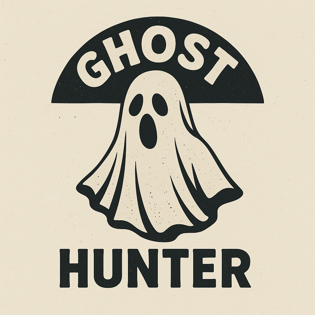 A graphic design featuring the word "GHOST" at the top, a stylized ghost with hollow eyes and mouth below, and the word "HUNTER" at the bottom, all in black on a beige background.