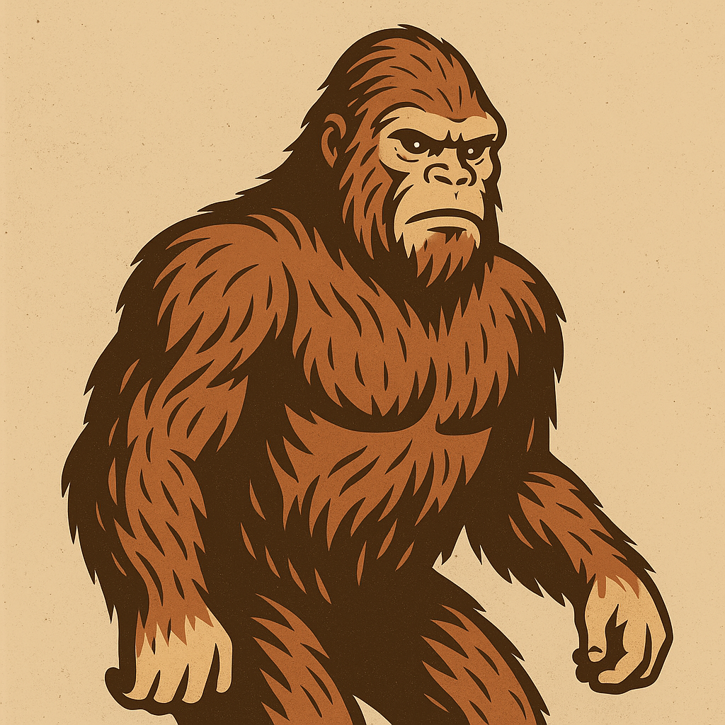 Stylized illustration of a Bigfoot or Sasquatch creature with a serious expression.