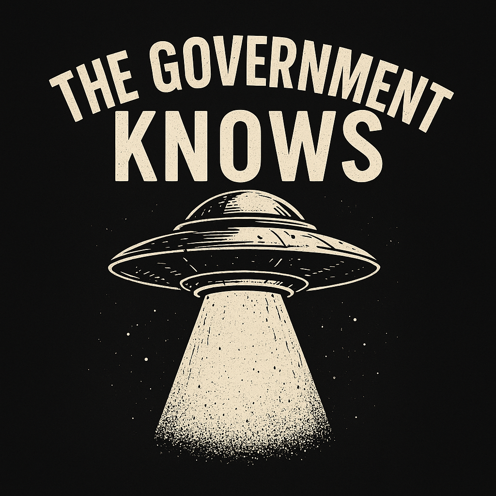 A stylized illustration of a UFO emitting a light beam, with the text "The Government Knows" above it, all in a monochrome color scheme.