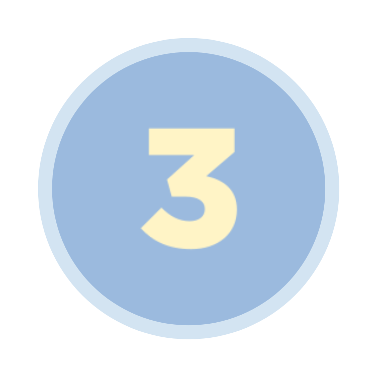 Blue circular button with the number 3 in beige in the center.