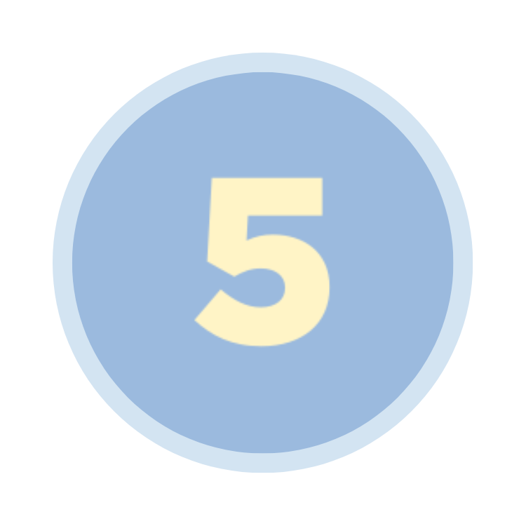 Blue circular badge with the number 5 in cream color in the center.