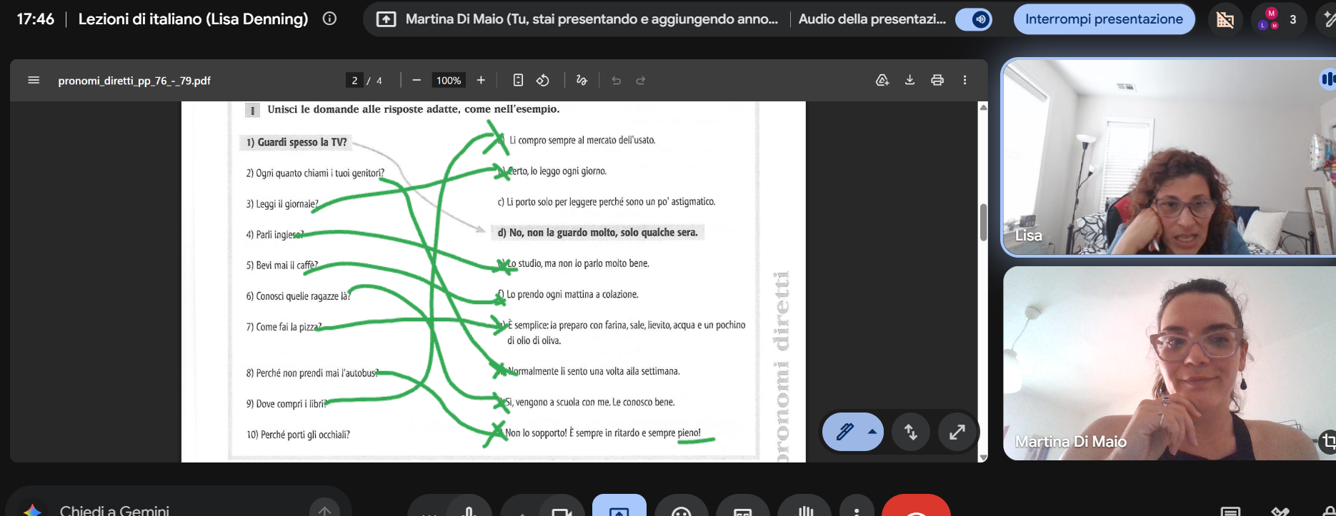Online Italian lesson with Martina, with vocabulary notes in the chat