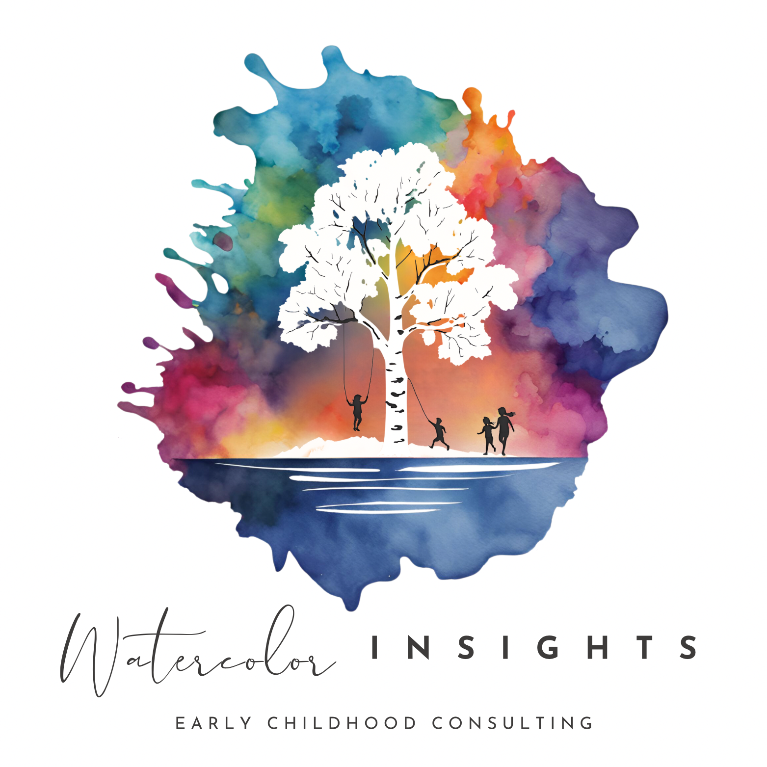 A watercolor logo depicts a tree with four children, one on a swing hanging from a branch, with a colorful splash background. Below, it reads 'Watercolor INSIGHTS EARLY CHILDHOOD CONSULTING'.