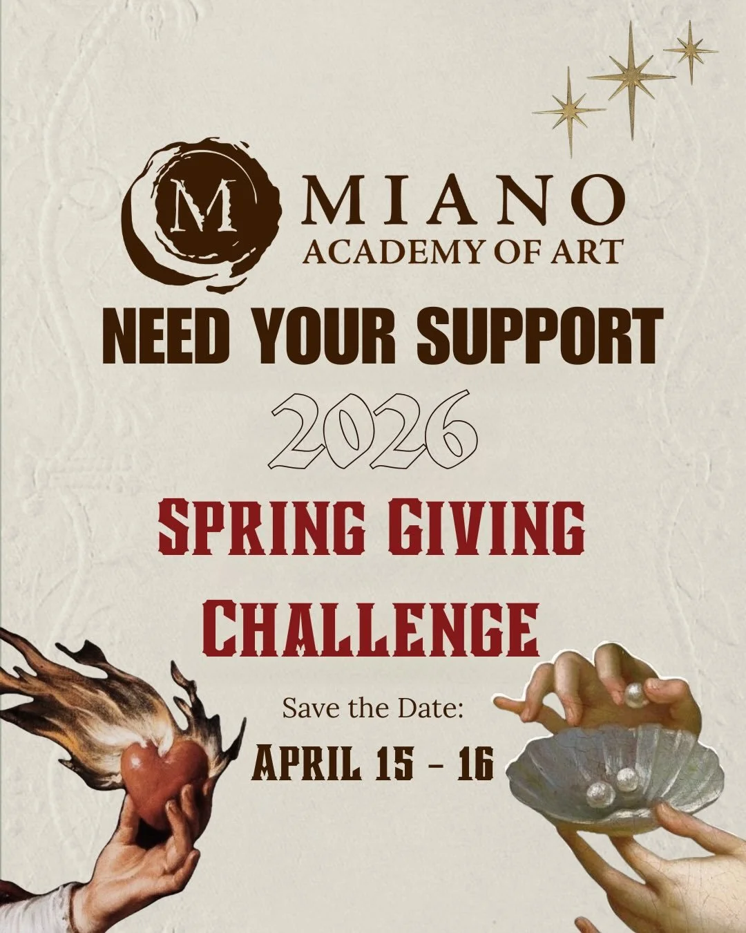Hi everyone&mdash;The Giving Challenge is coming up on April 15 🎉 and we&rsquo;re getting ready to celebrate  something that matters deeply to us: keeping human-created art alive.

Miano Academy of Art is a nonprofit dedicated to preserving Old Mast