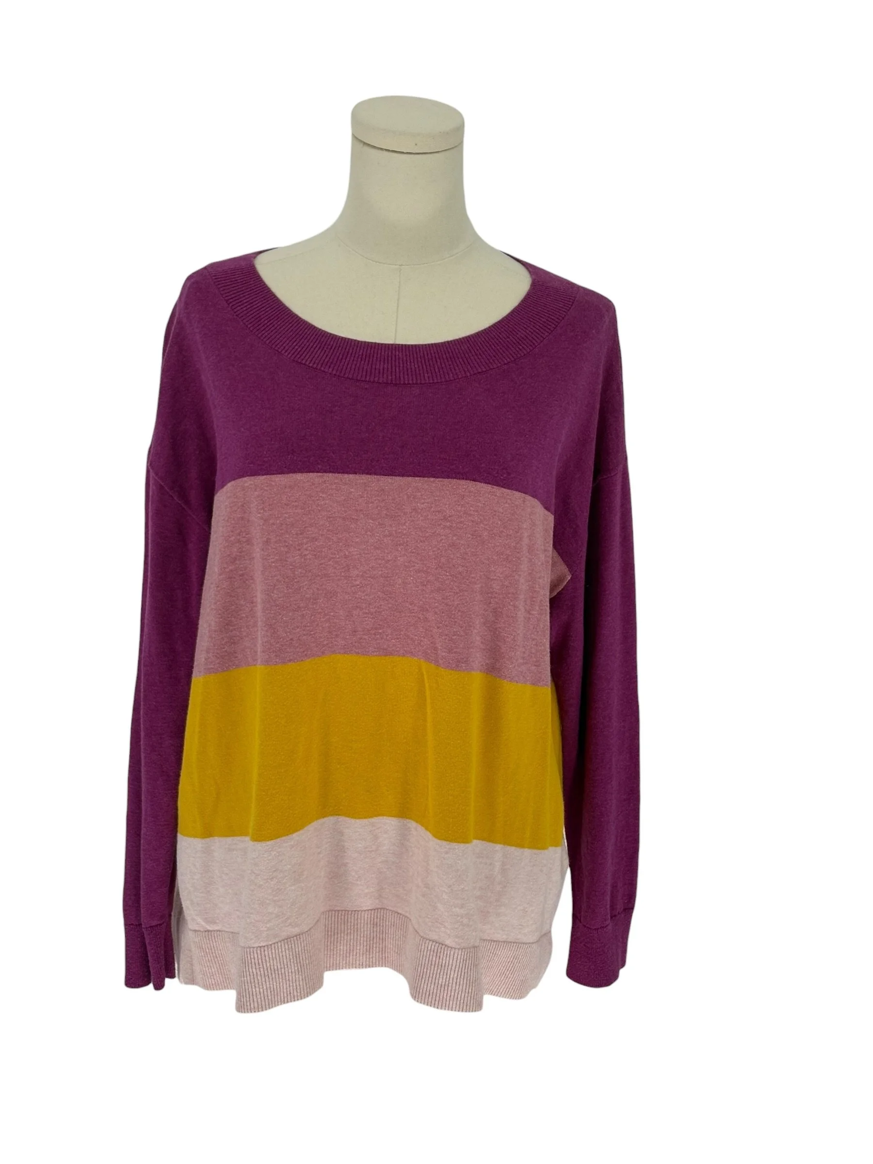 Lands End Colorblock 100% Cotton Knit Sweater Purple Pink Yellow Pullover (Size XLP)