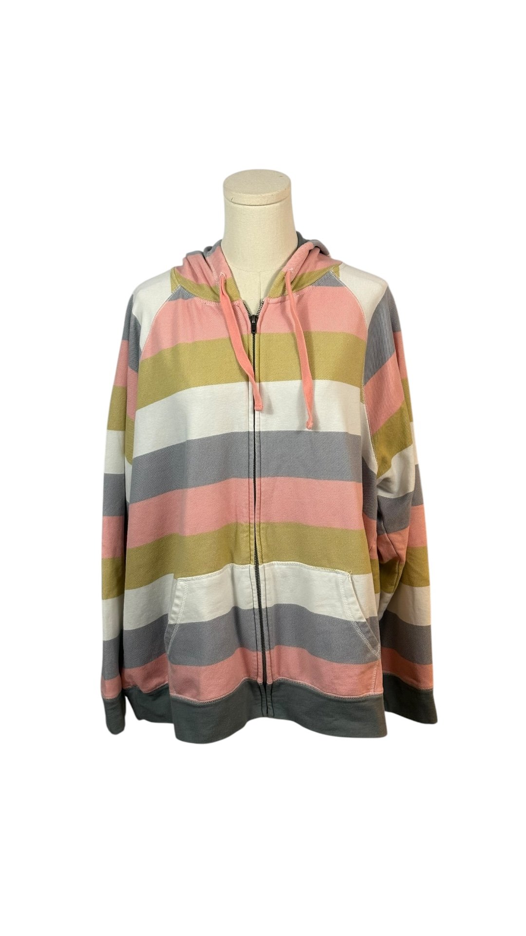 Torrid Pink, Gray, White, & Tan Striped Full Zip Hooded Sweatshirt w/ Pockets (Size 3)