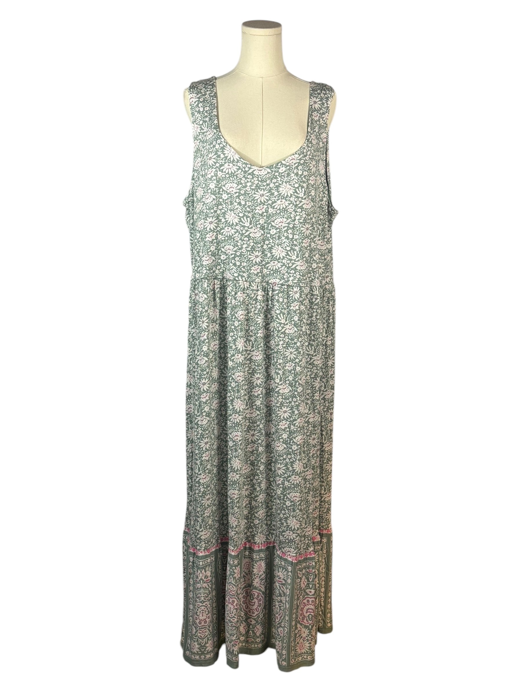 Loft Maxi Sage Green Tank Dress w/ White & Pink Floral Pattern (Size 24)