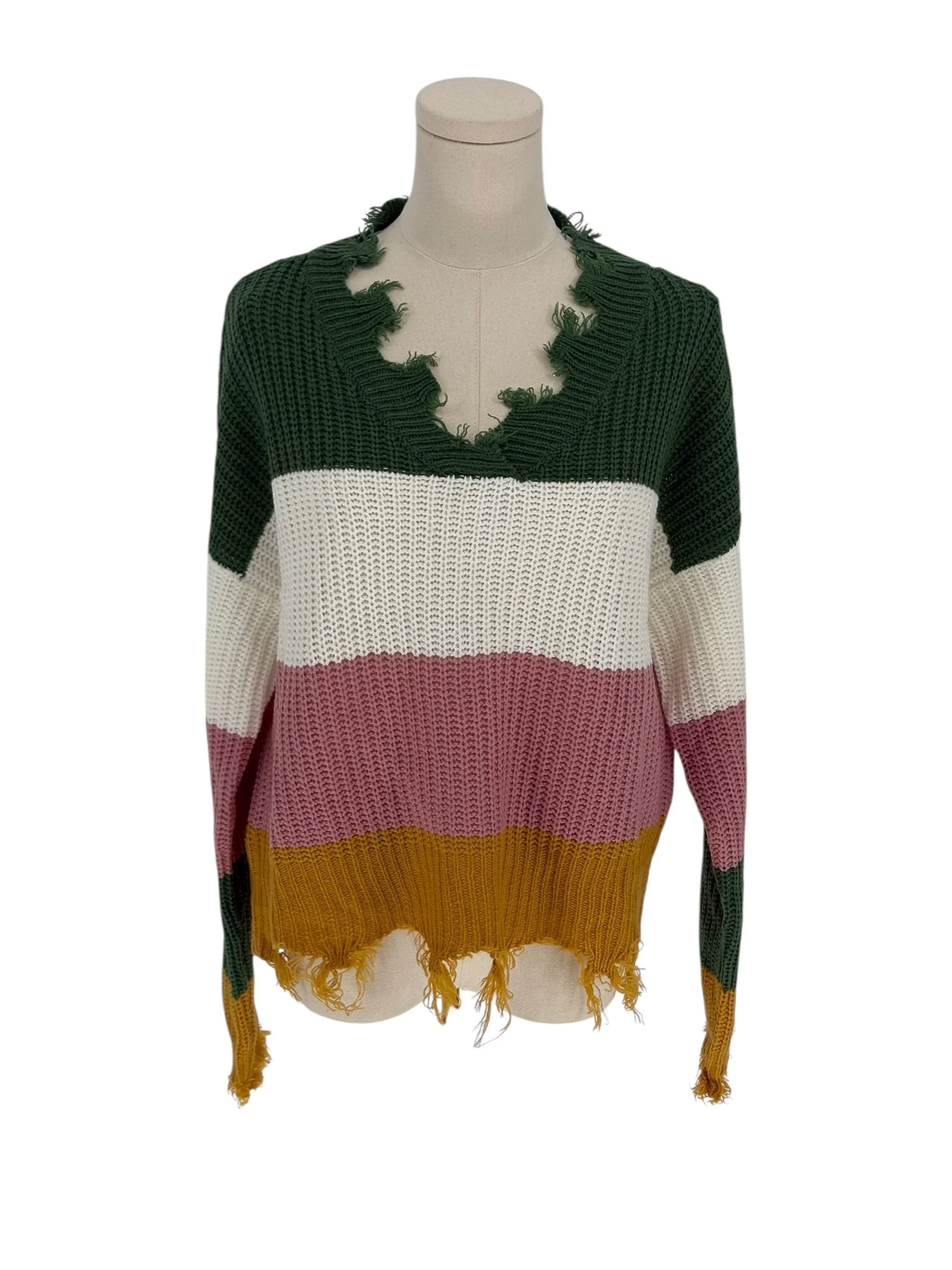 Full Circle Trends Striped Distressed V Neck Sweater Green White Pink Gold (Size L)
