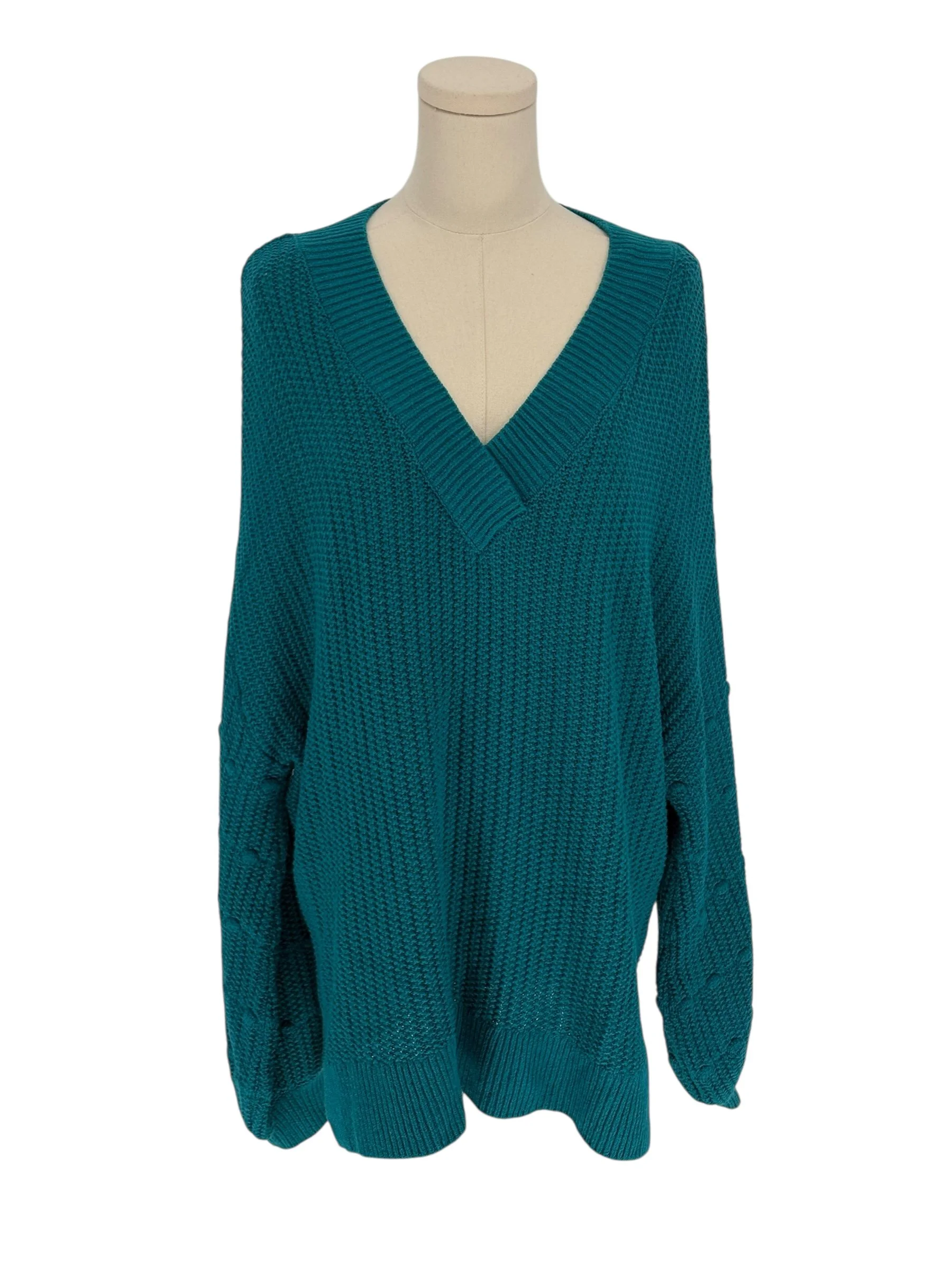 Falls Creek Teal V Neck Knit Sweater w/ Balloon Sleeves (Size XL)