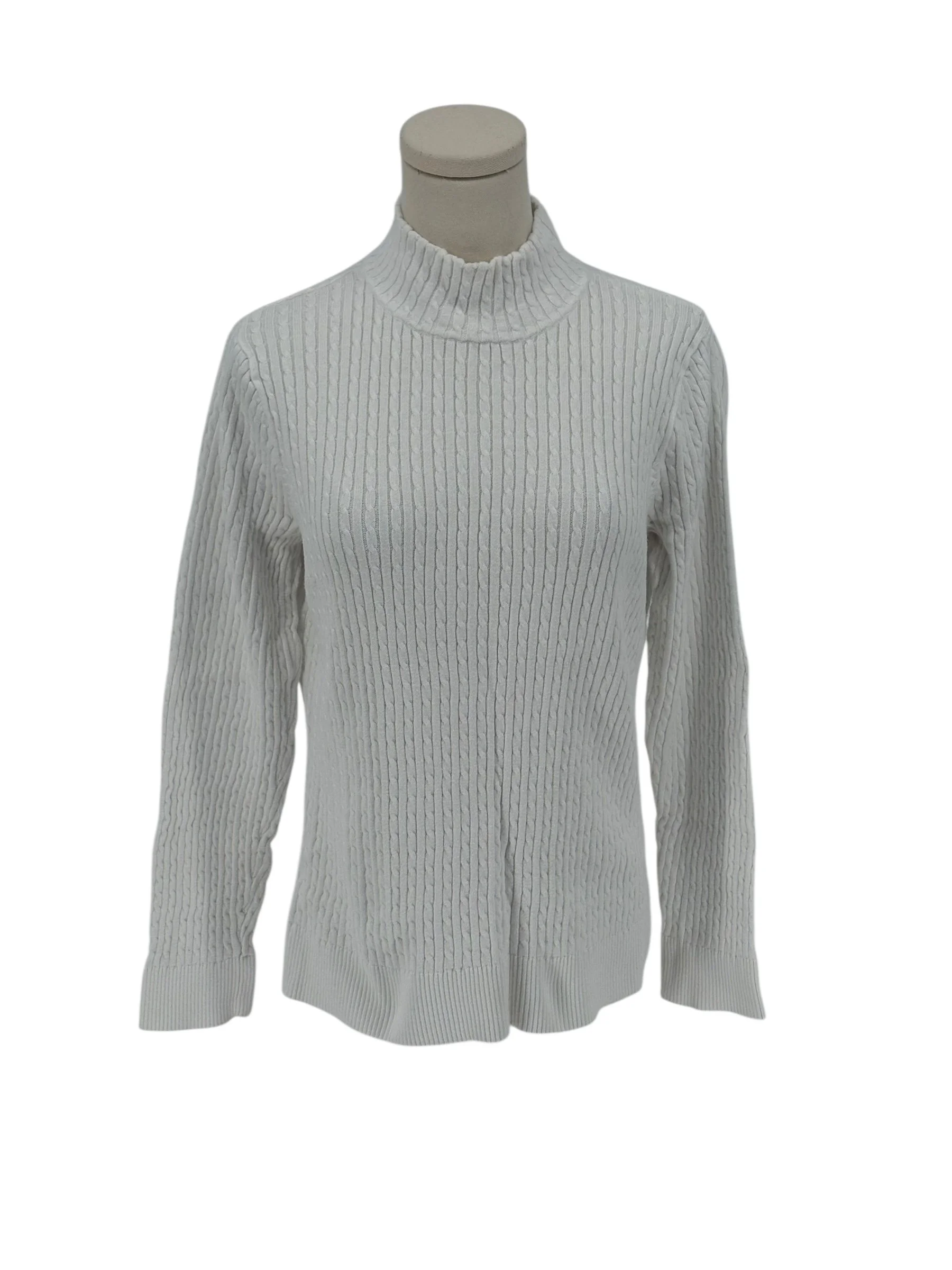 JEANNE PIERRE Cable Knit Turtleneck Sweater White 100% Cotton (Size L)