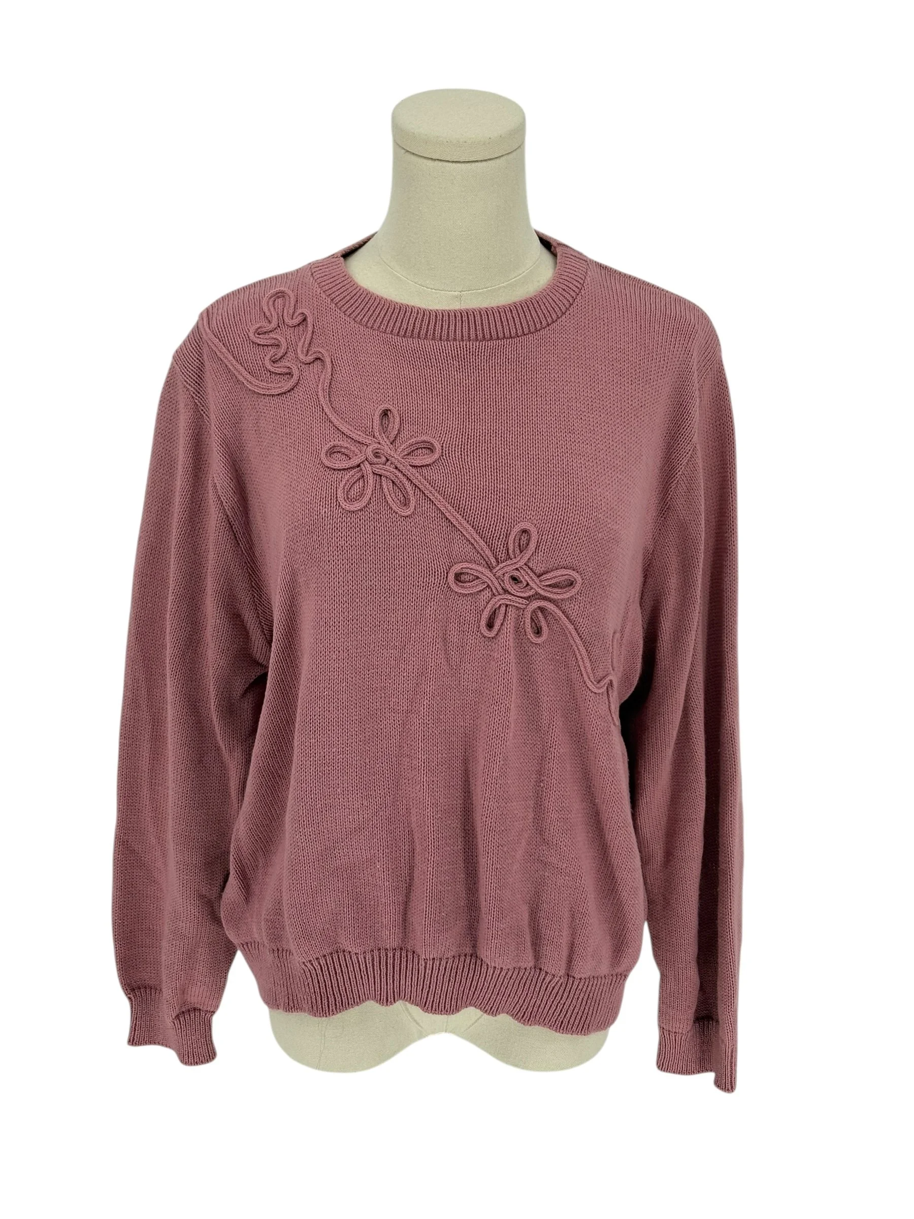 Vintage Blair Mauve Knit Sweater Floral Applique Crew Neck Pullover (Size XL)