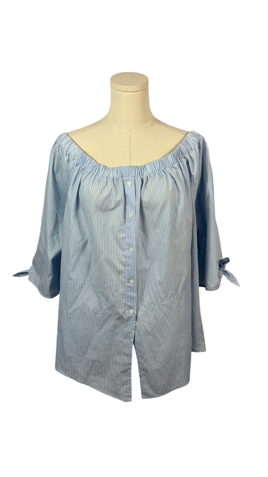 Iris Off the Shoulder Button Up Blouse w/ Light Blue & White Stripes (Size 3X)