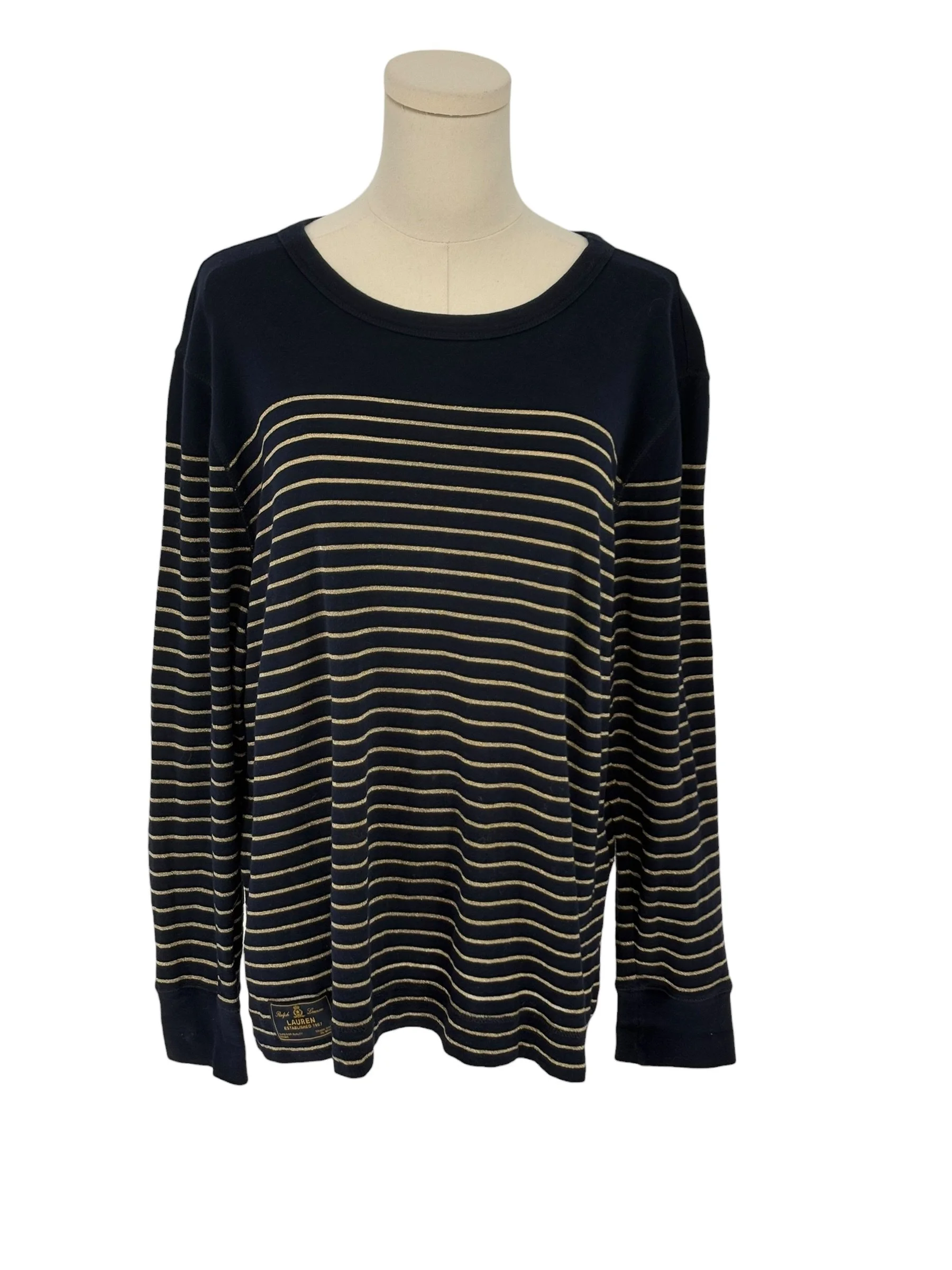 Lauren Ralph Lauren Navy Blue Gold Metallic Striped Long Sleeve Sweater Top (Size 2X)