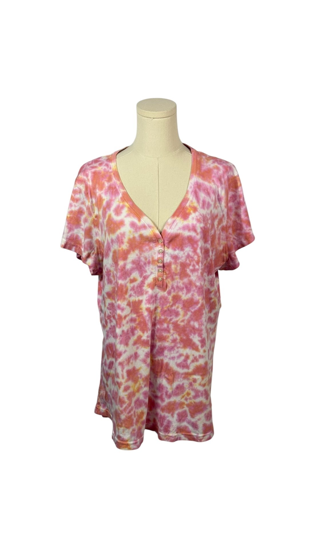 Chaps Pink, Orange, & White Tie Dye Short Sleeve Henley Tee (Size XXL)