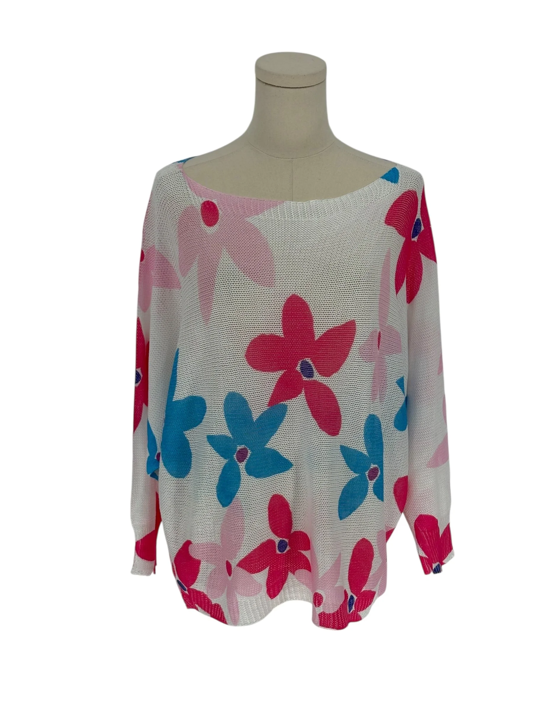 Women's Knit Sweater Long Sleeve Floral Print White Pink Blue Made in Italy (Est Size XL)