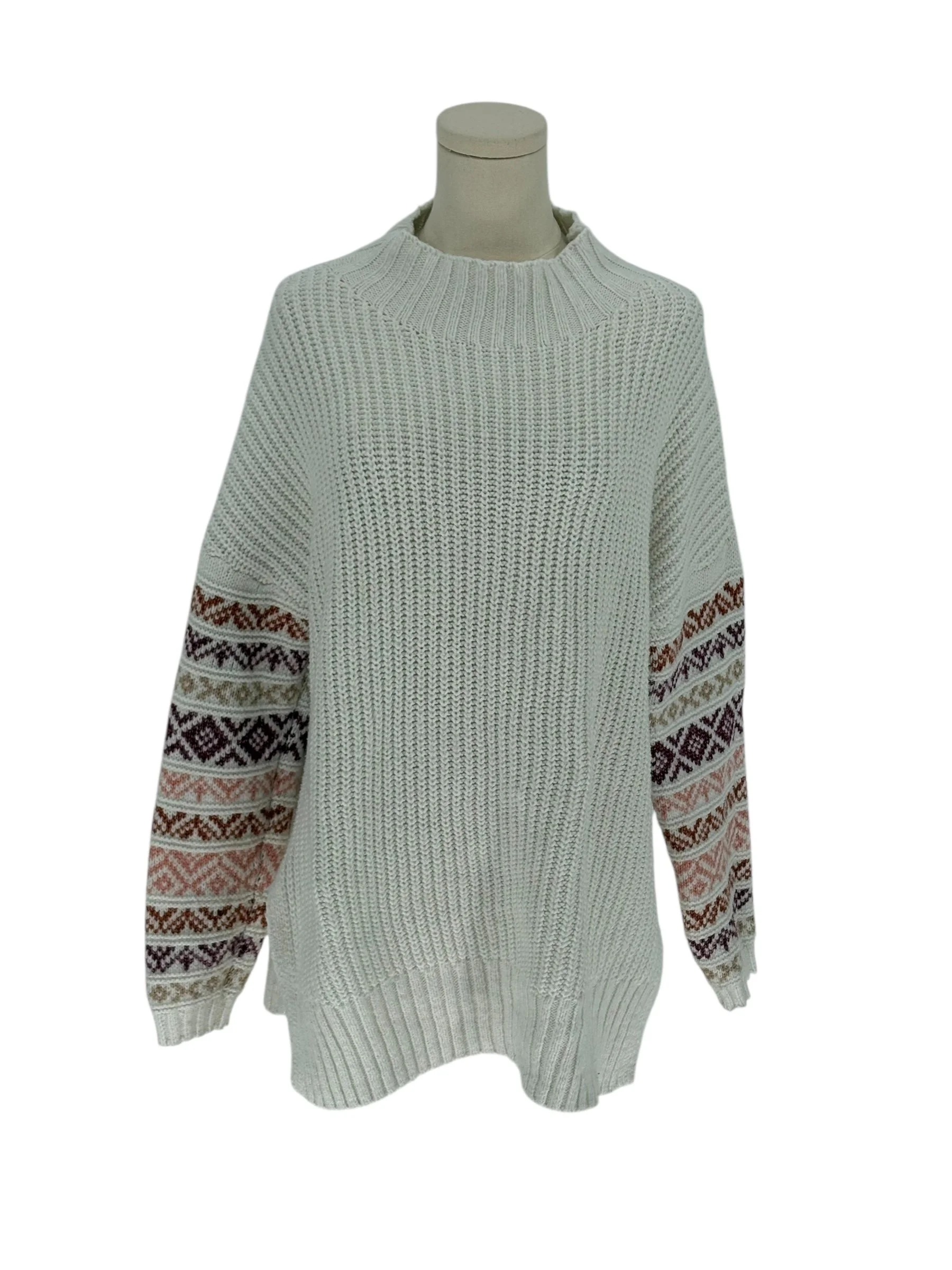 Maurices Cream Fair Isle Sleeve Mock Neck Knit Sweater (Size L)
