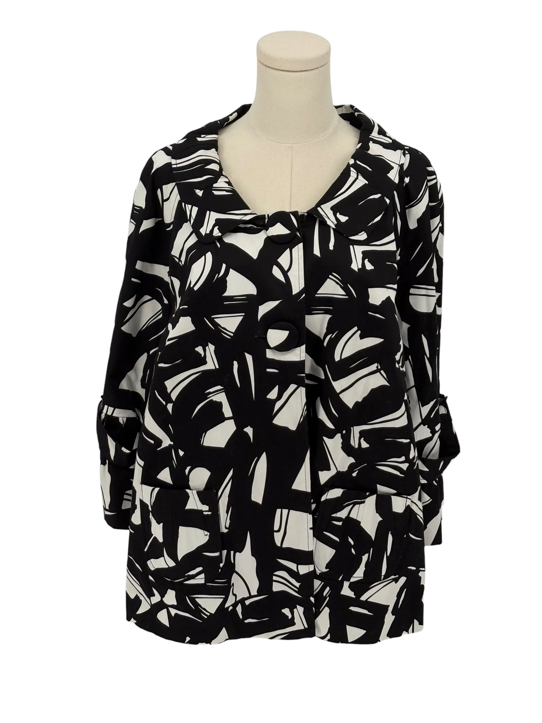Lucy & Laurel Black & White Pattern Two Button Blazer w/ Bell 3/4 Sleeves (Size 2X)
