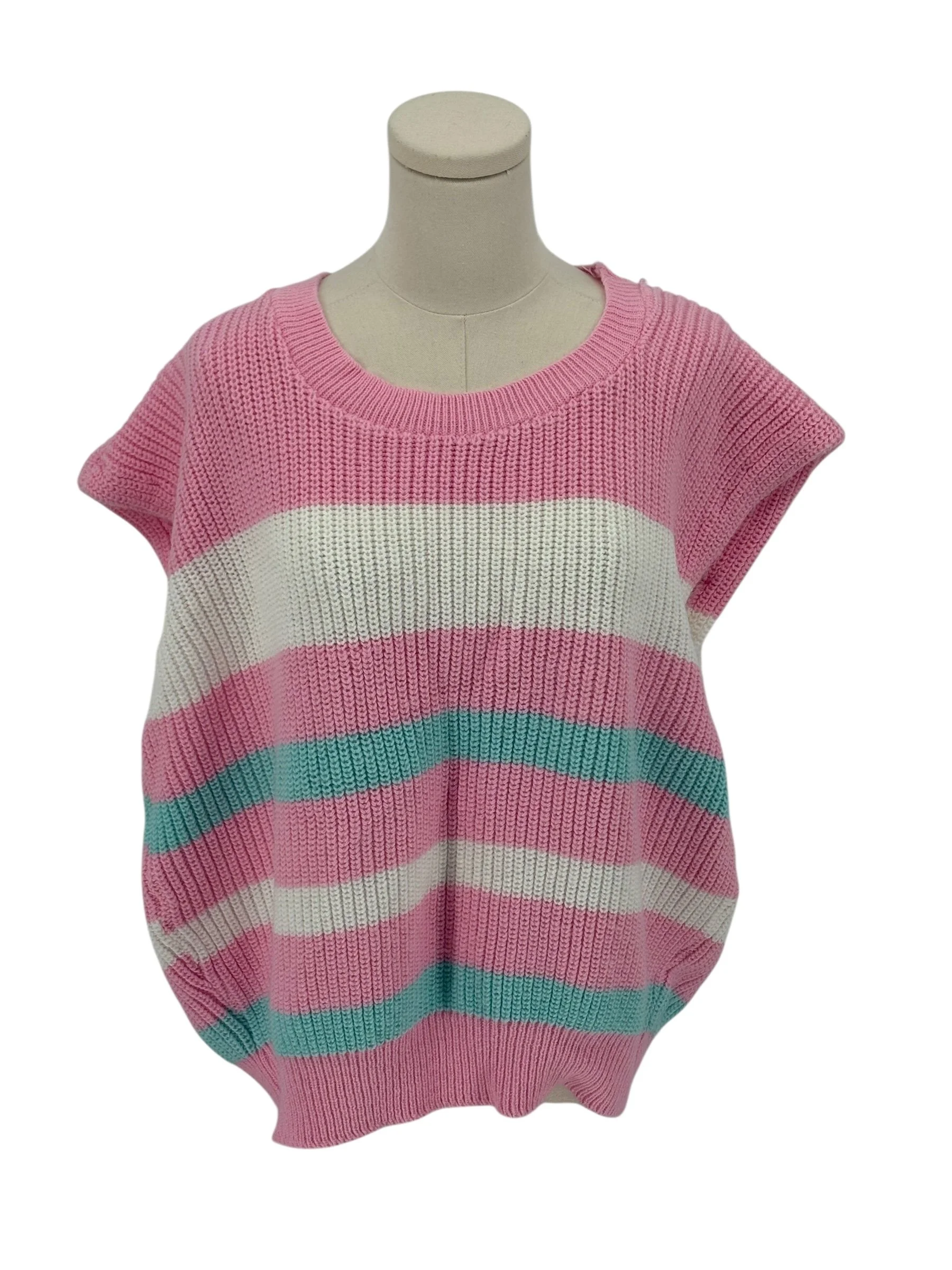 Handmade Striped Knit Vest Sweater Women Pink White Teal Sleeveless Pullover Top (Est Size XXL/1X)