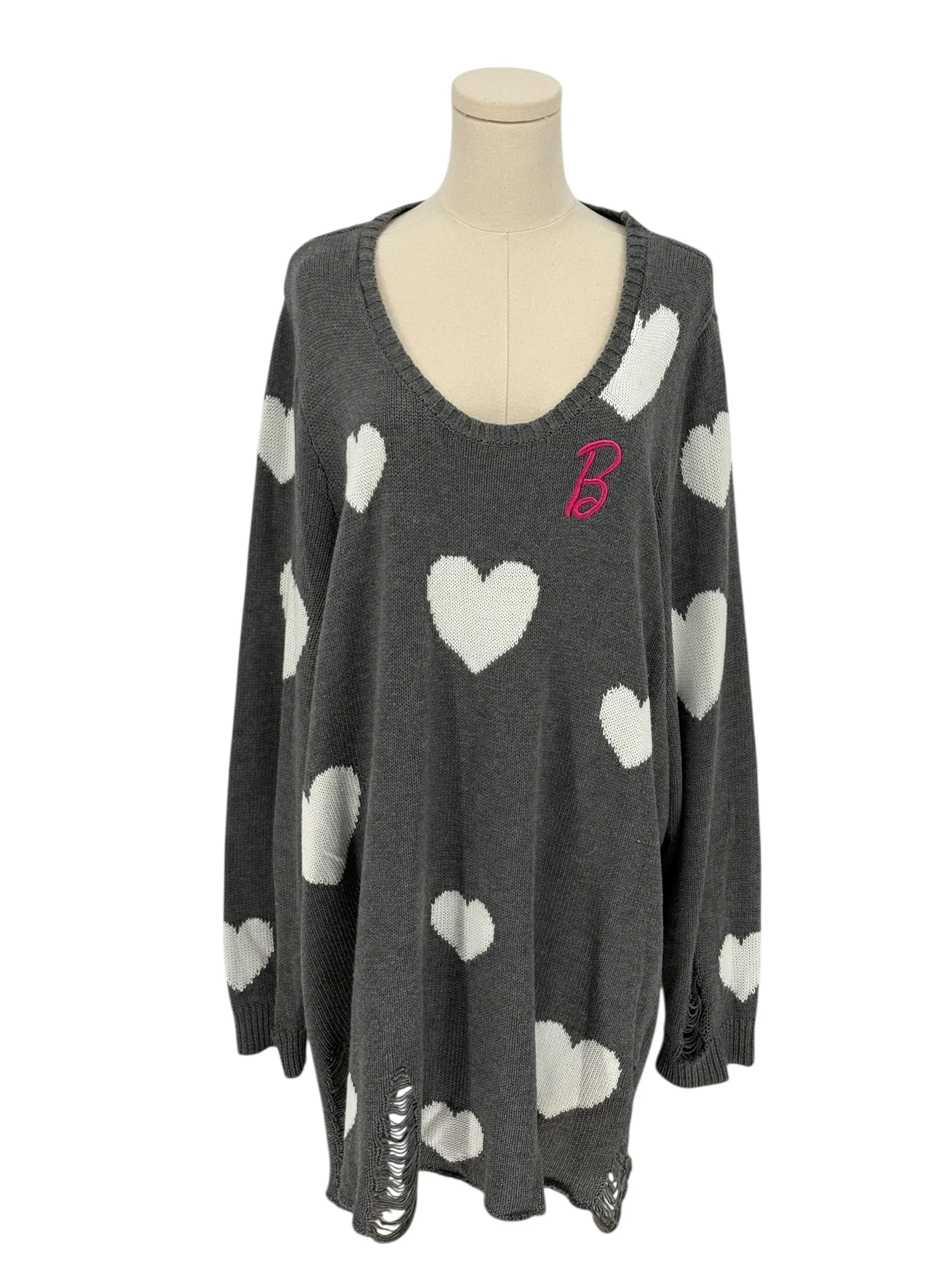 Torrid Barbie Grey Heart Print Distressed V Neck Sweater (Size 4)