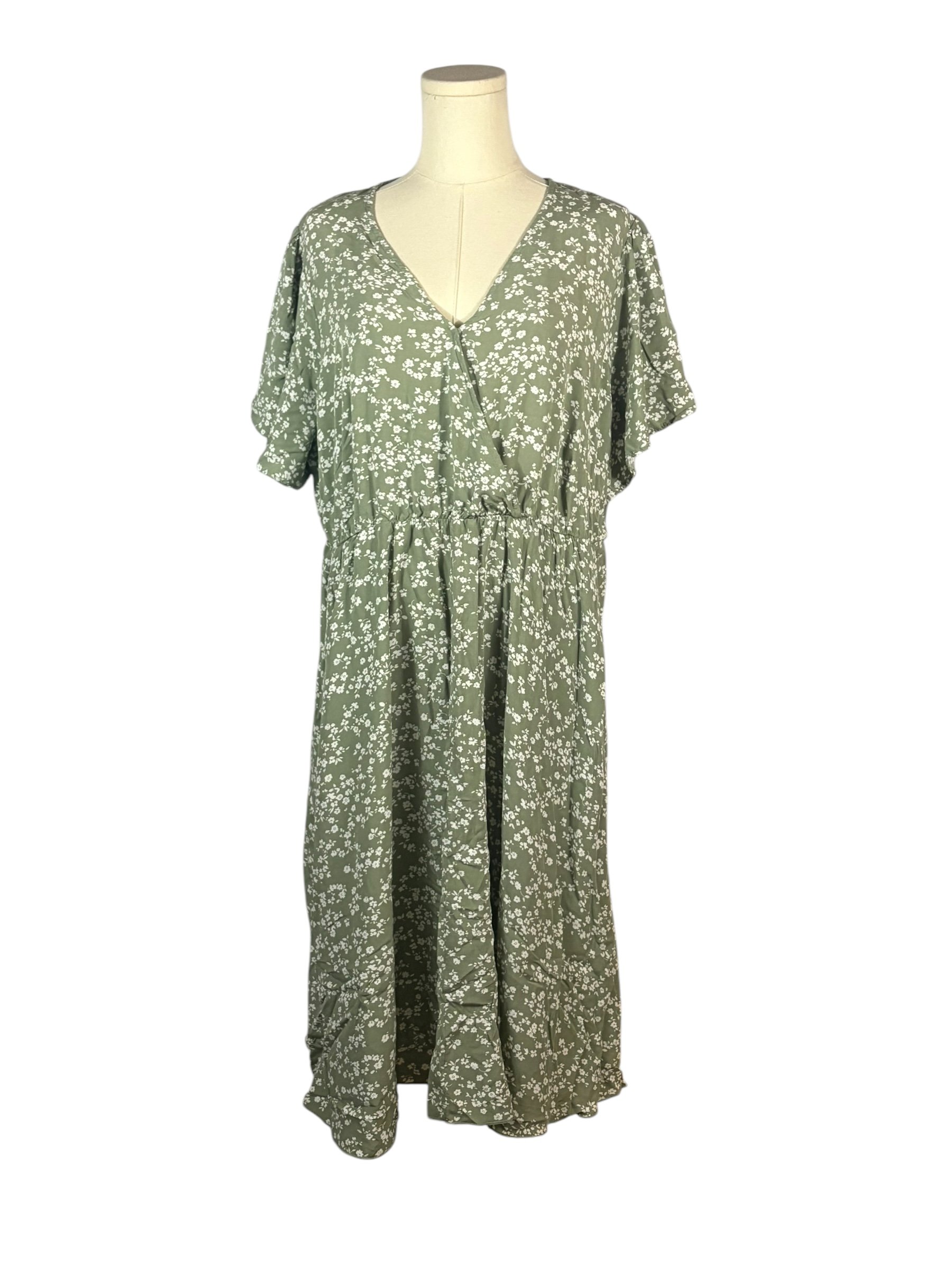 Bloomchic Sage Green Mini Dress w/ White Floral Pattern & Pockets (Size 18/20)