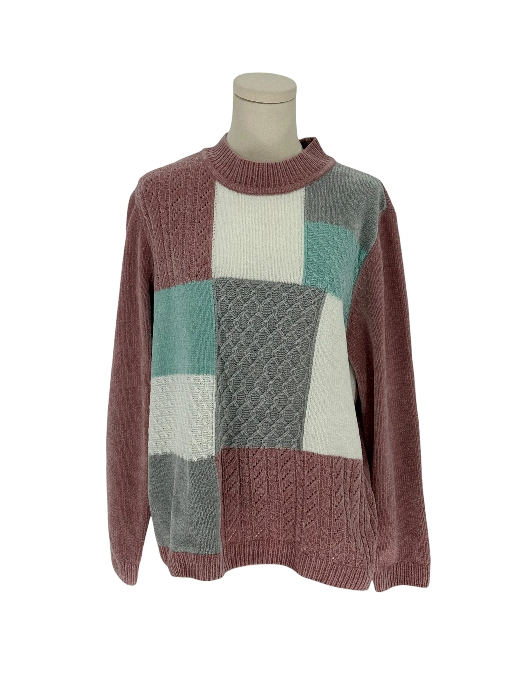 Alfred Dunner Patchwork Chenille Sweater Mock Neck Long Sleeve (Size L)