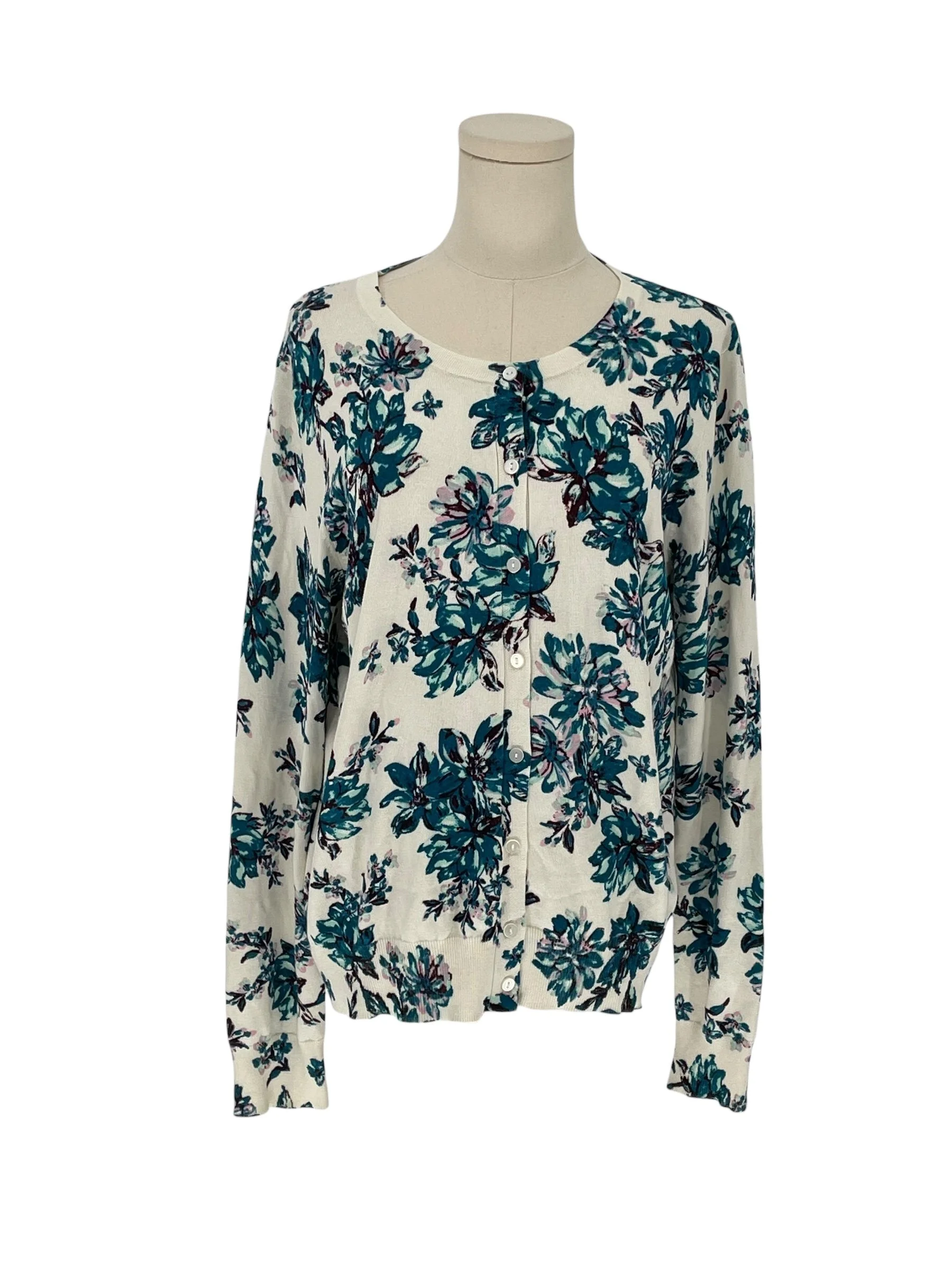 Time and Tru Cardigan Sweater Floral Print Long Sleeve Button Front (Size L)