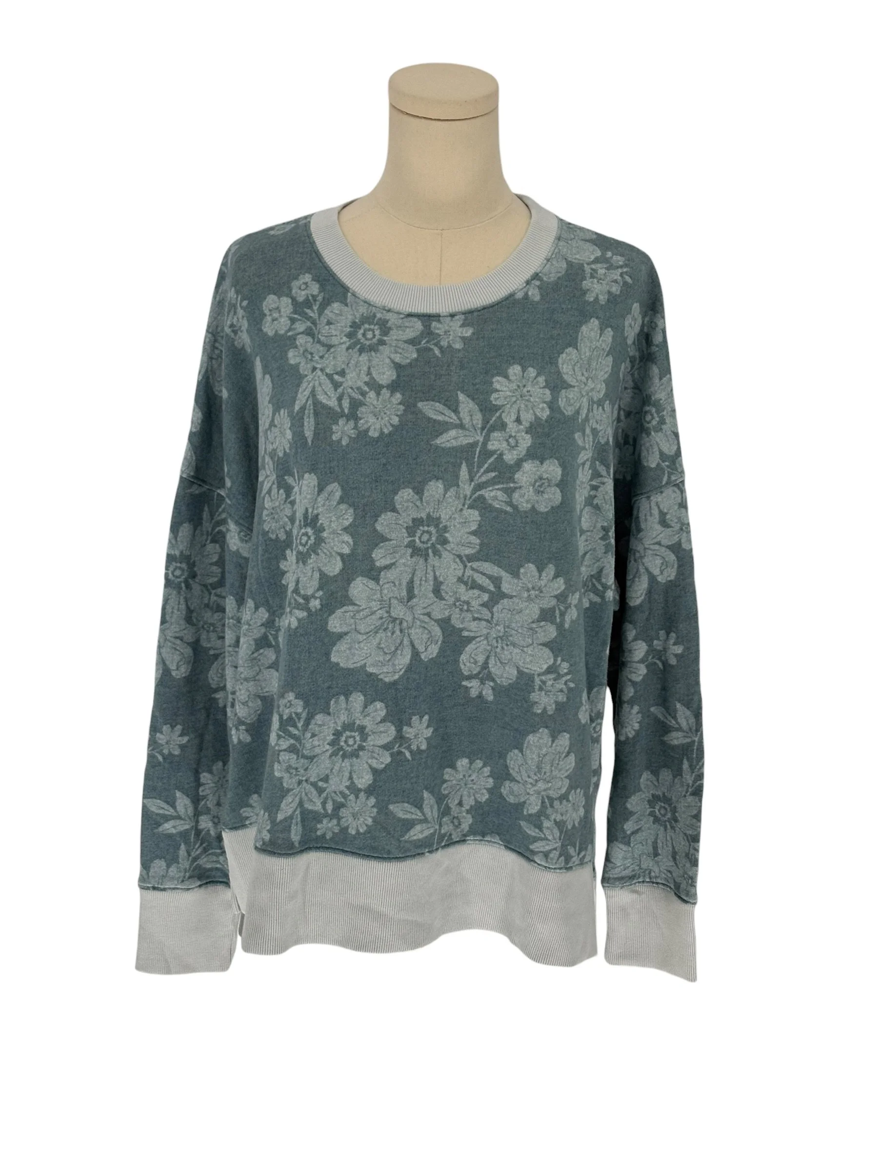 Time and Tru Blue Floral French Terry Sweatshirt Crew Neck Pullover (Size XL)
