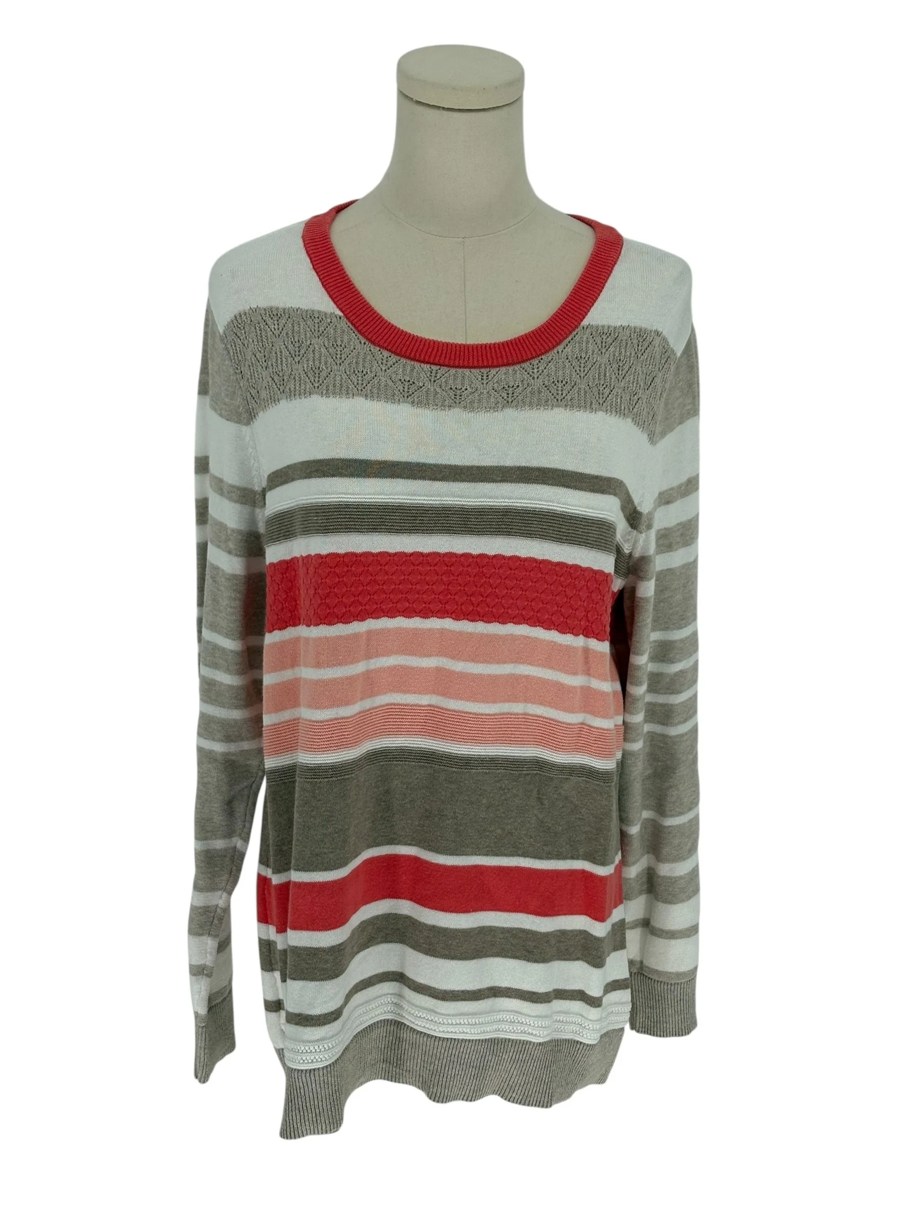Croft & Barrow Striped Cotton Sweater Red Pink Taupe Pointelle Knit (Size XL)