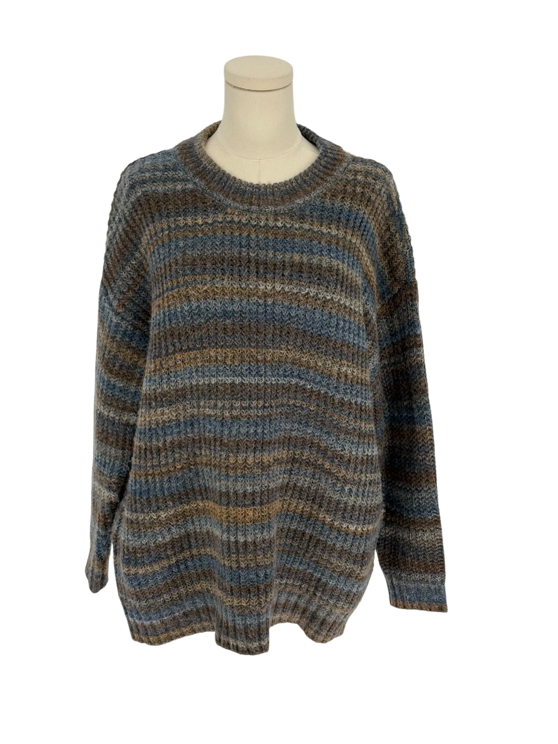 a.n.a A New Approach Striped Chunky Knit Crewneck Sweater Blue Brown (Size L)