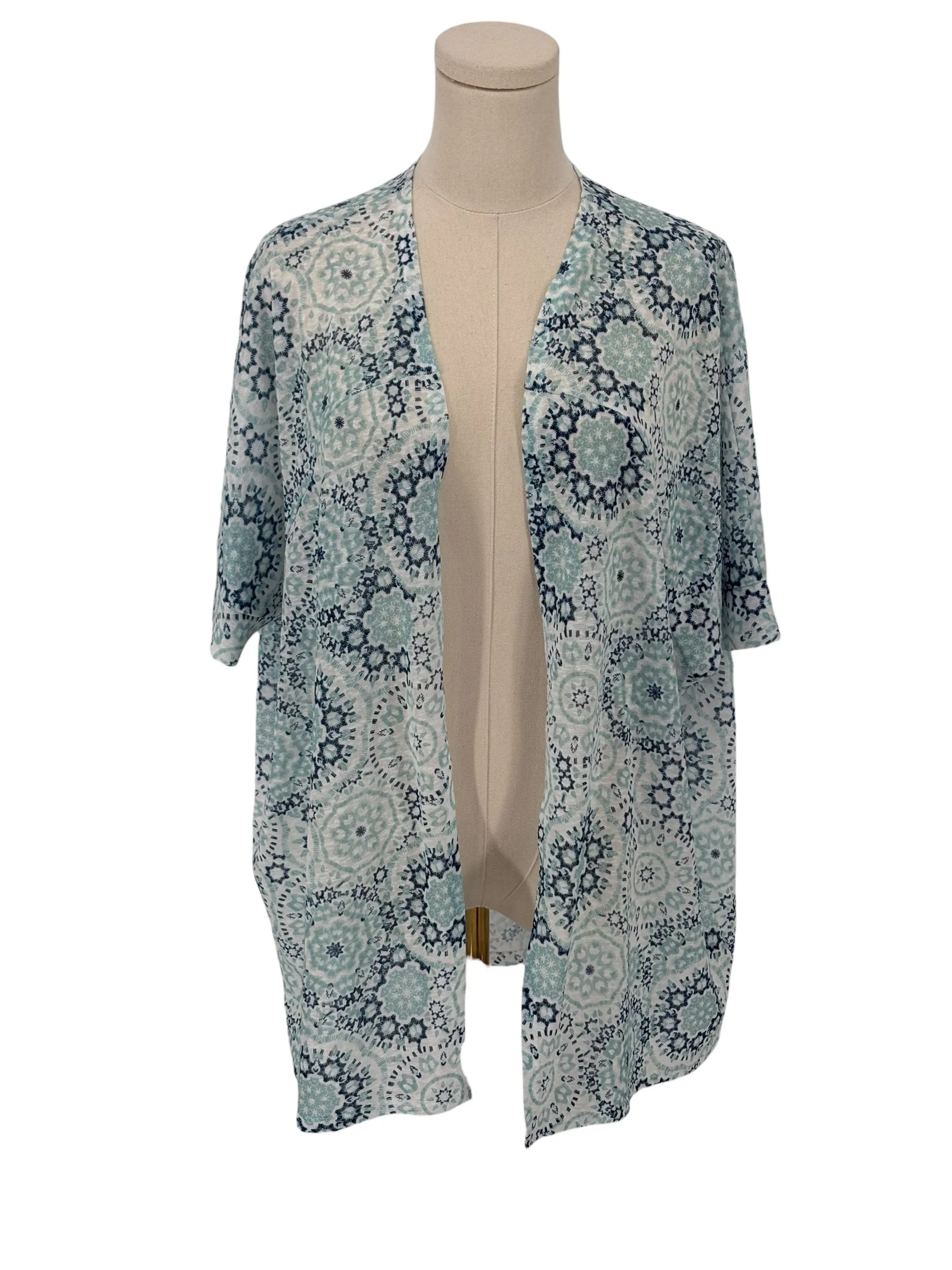 Torrid Open Front Short Sleeve Kimono Cardigan Blue White Print (Size 0)