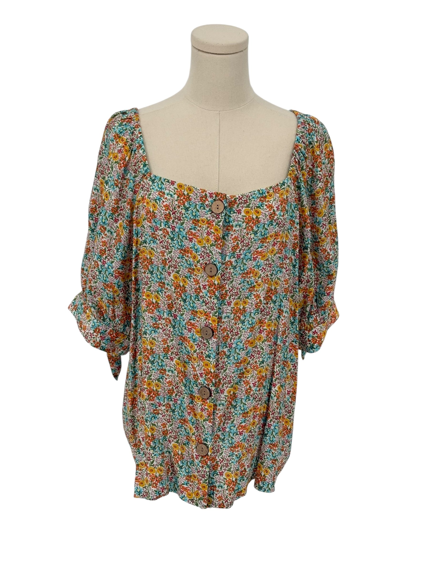 Lauren Conrad Floral Square Neck Puff Sleeve Button Front Top (Size XXL)