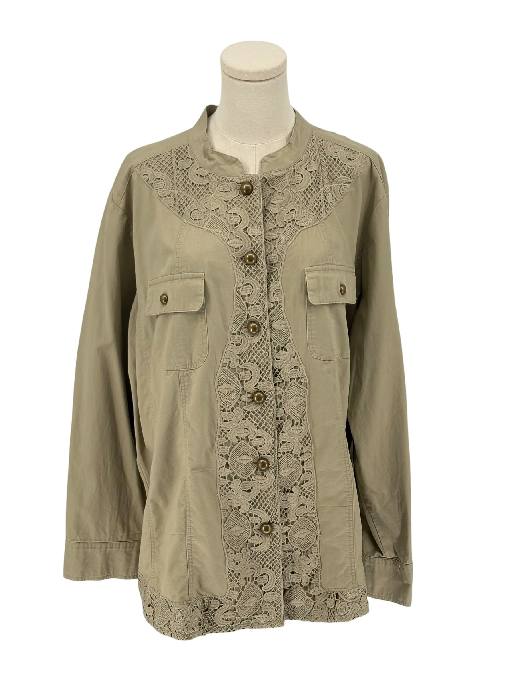 Tantrums Khaki Lace Detail Button Front Shirt Jacket (Size XXL)